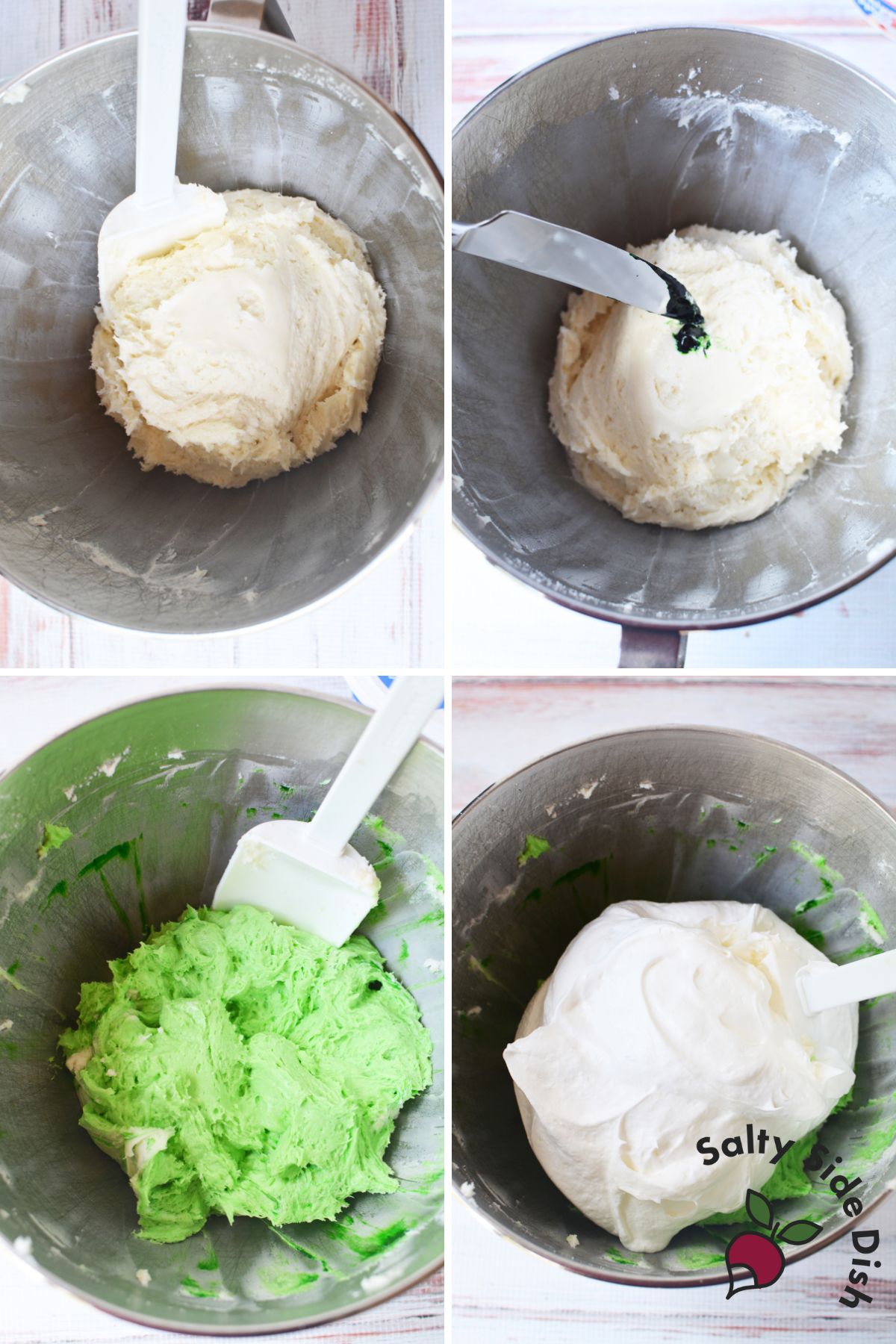 Step by step mixing process for no bake Christmas dip with green food coloring and whipped topping