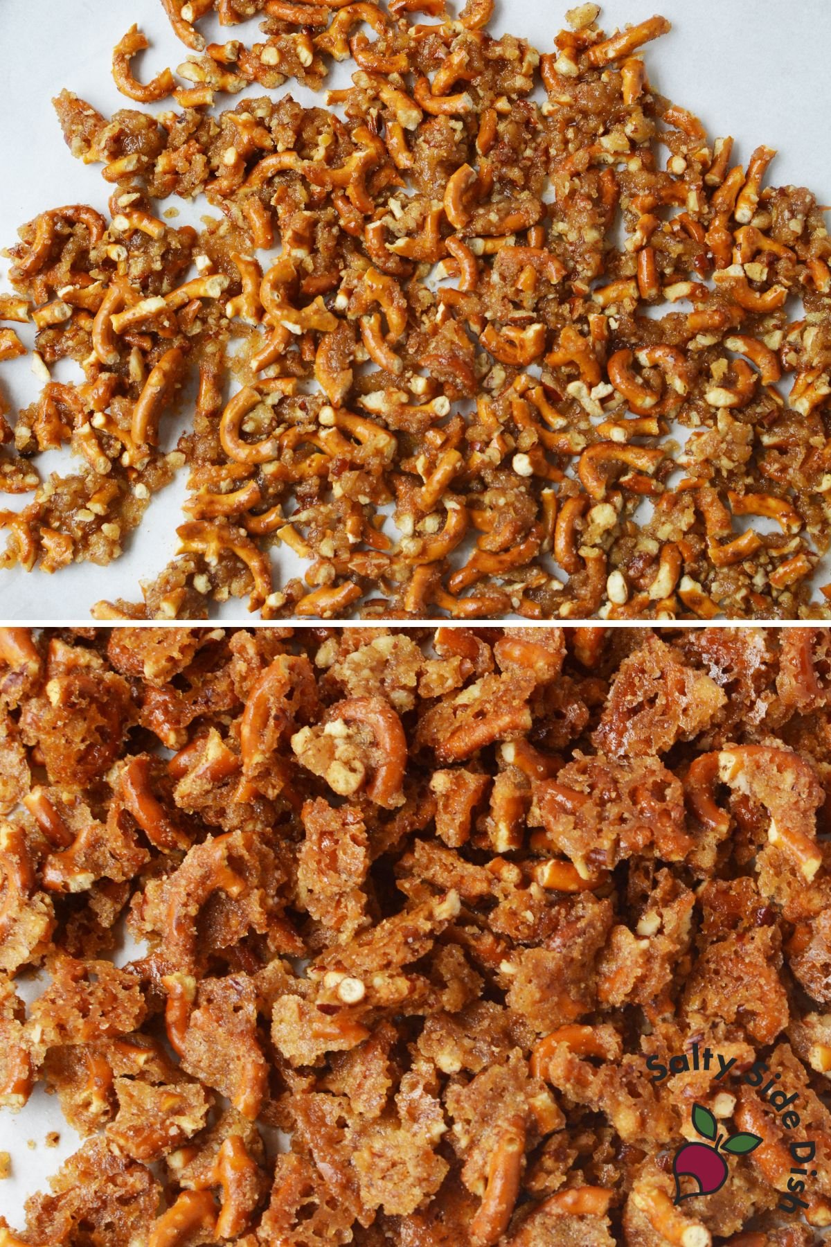 Caramelized pecan and pretzel crunch baked for strawberry fluff dessert topping