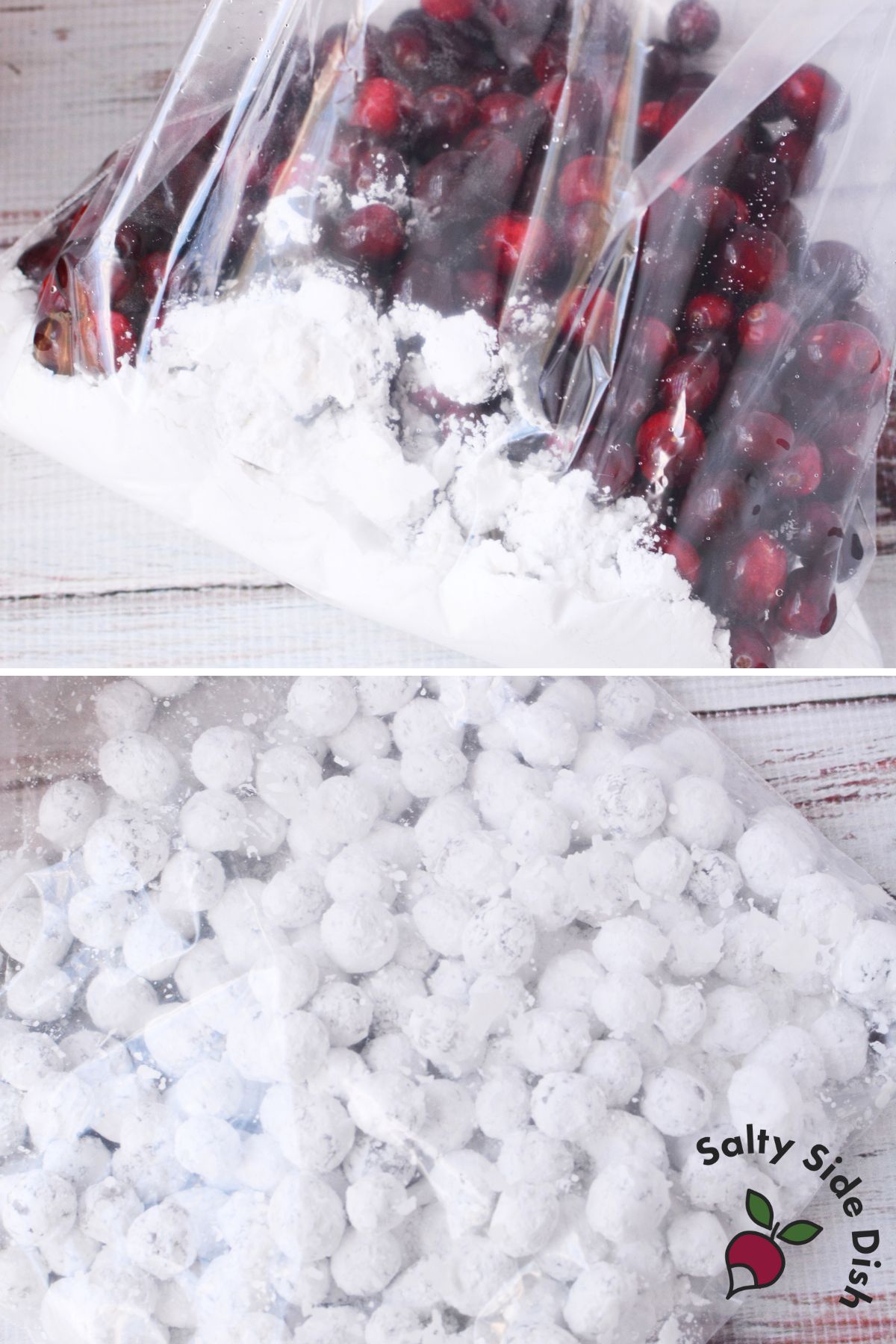 Cranberries coated in powdered sugar inside a resealable bag for easy sugared cranberries recipe.