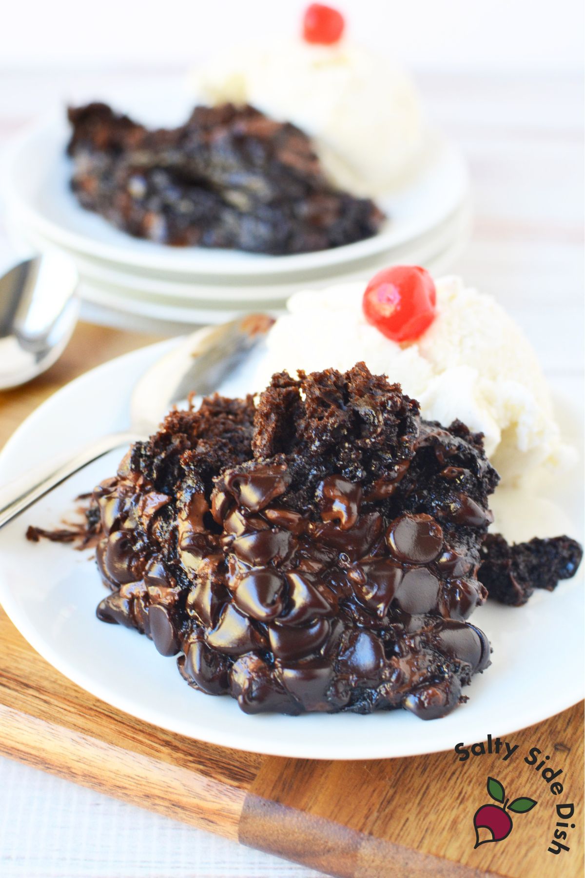 Freshly baked molten chocolate lava cake in slow cooker with melted chips
