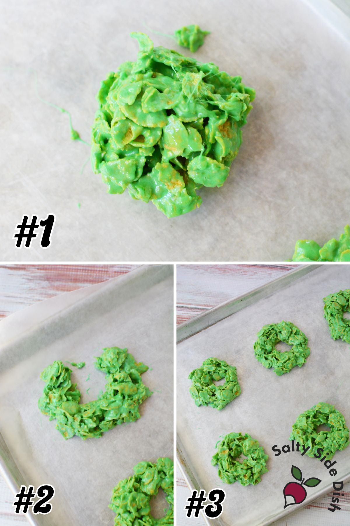 shaping cornflakes into a wreath.