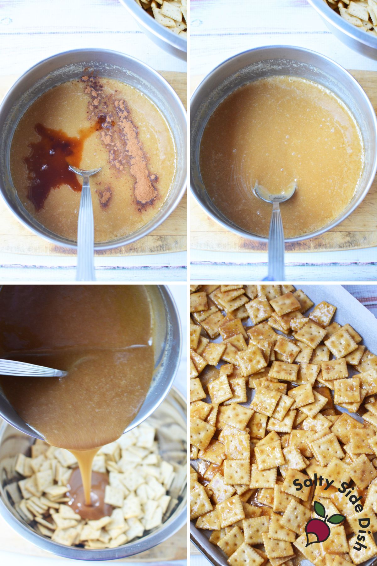 step by step collage showing caramel sauce poured over mini saltine crackers and baked to golden brown