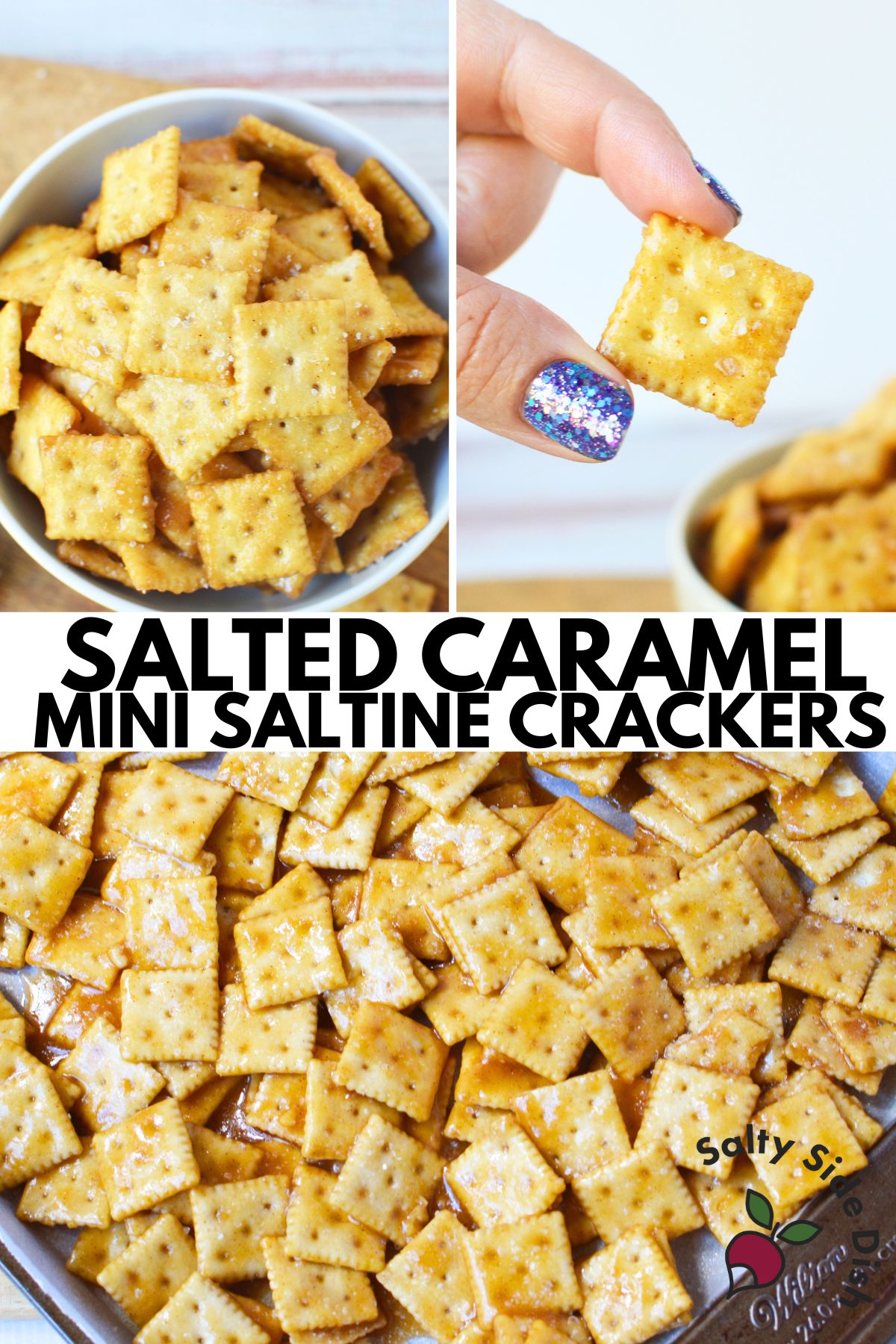 close up of salted caramel cracker bites made with mini saltine crackers coated in brown sugar and butter glaze