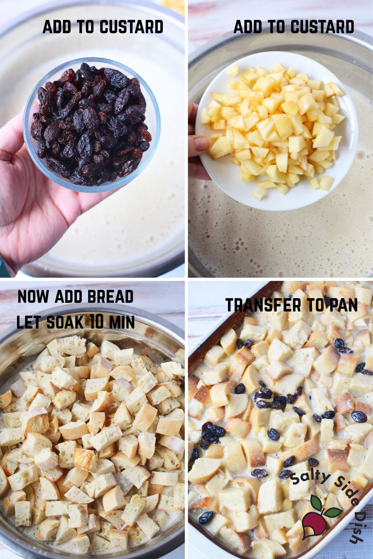raisins apples and toasted bread mixed into custard for homemade bread pudding collage