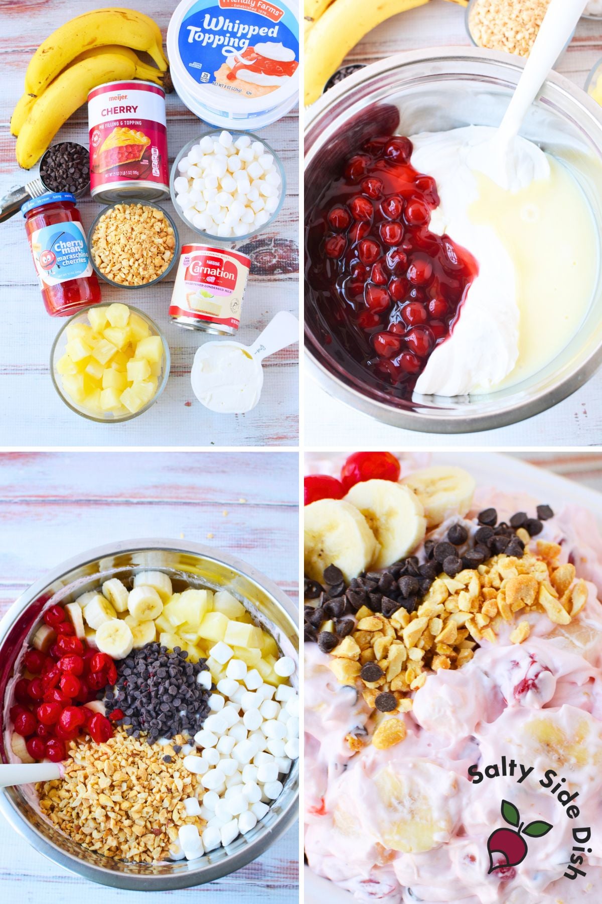banana split fluff salad recipe collage showing ingredients and step by step mixing process