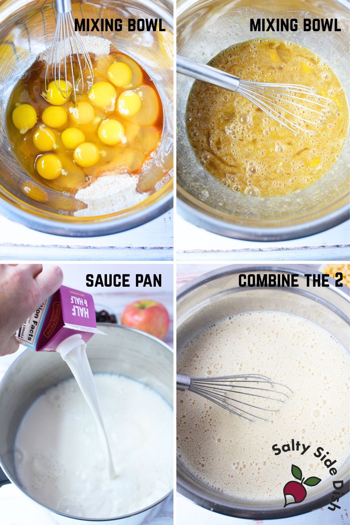 mixing bowl custard and warm milk mixture combined for classic bread pudding collage