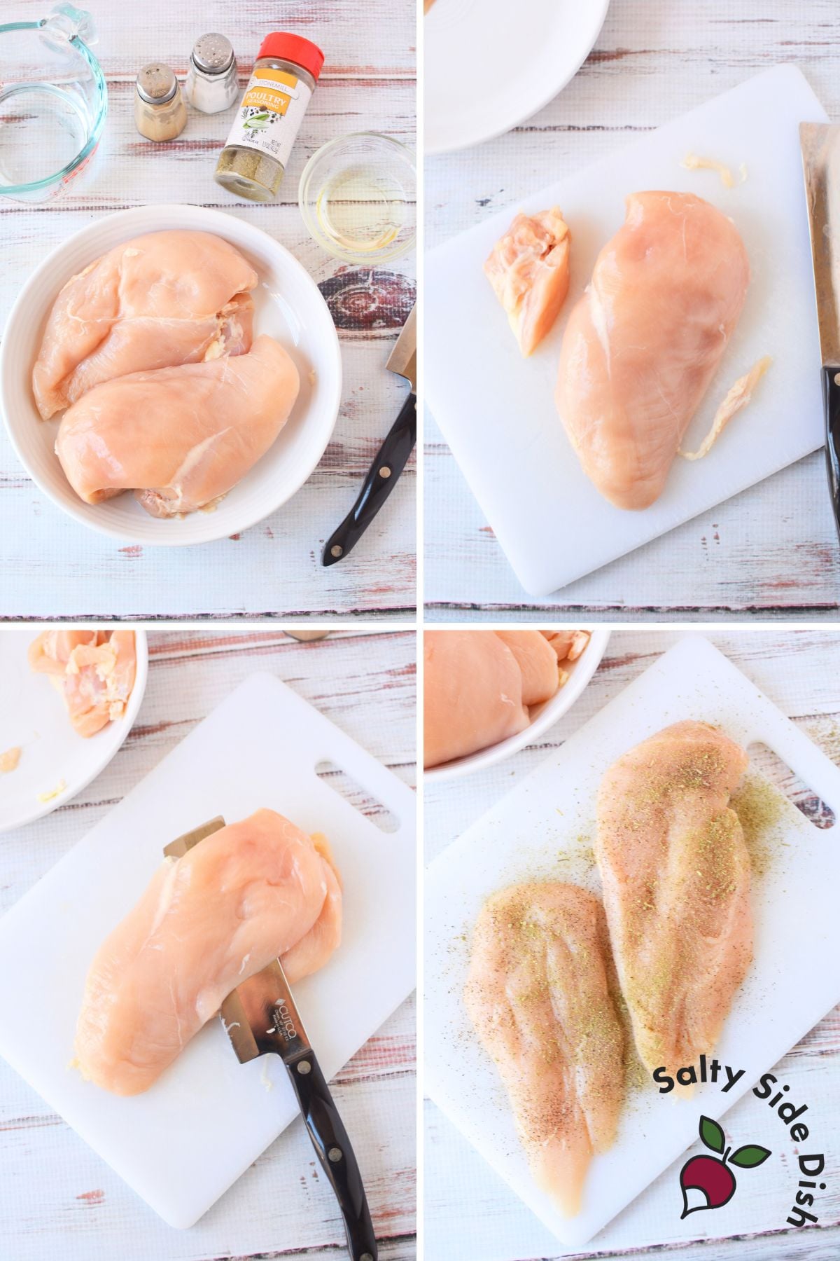 Step-by-step collage showing how to trim, season, and cook chicken breasts in a cast iron skillet.