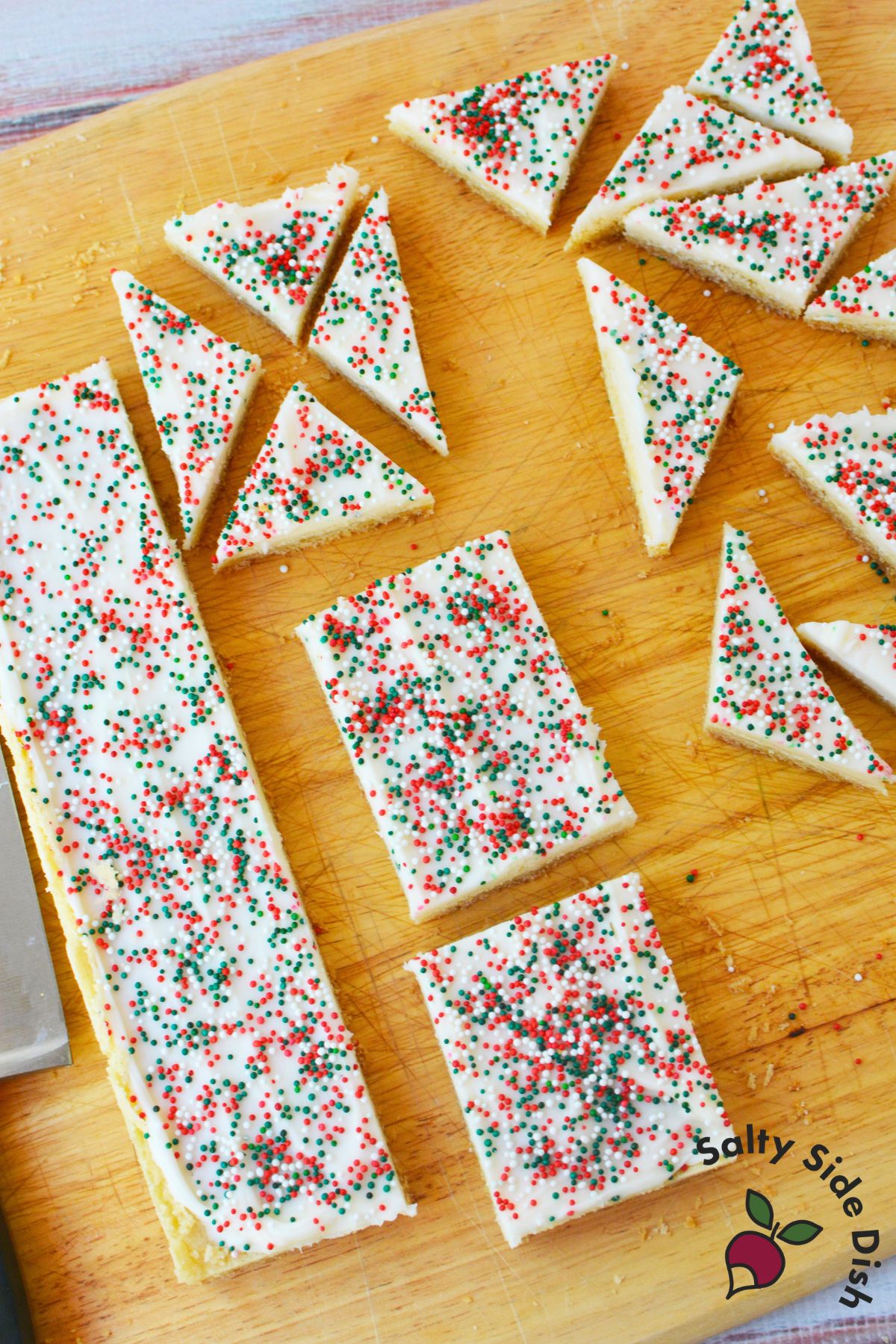Step-by-step image showing how to cut frosted sugar cookie bars into triangle and rectangle pieces