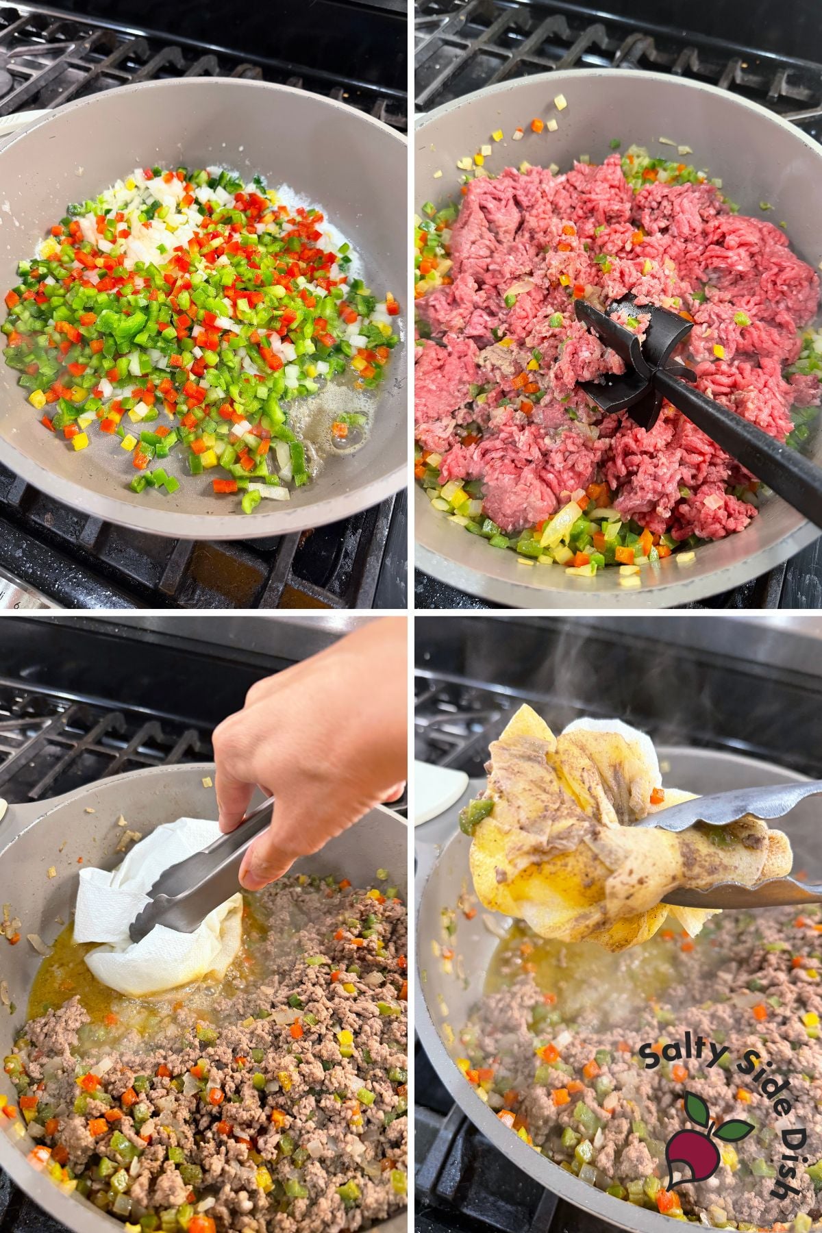 Step-by-step cooking process showing vegetables, ground beef, draining grease, and mixing for beef rice bowls
