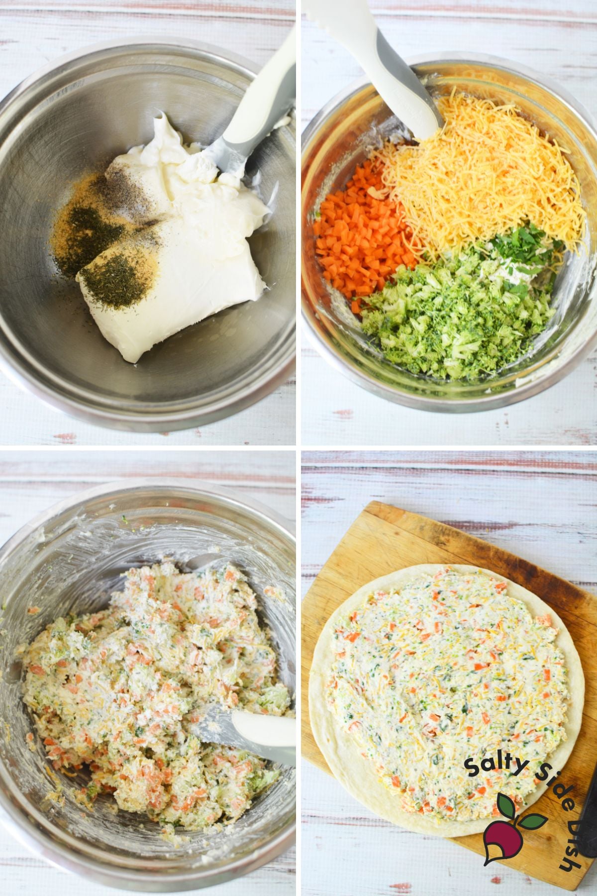 Step-by-step photo showing cream cheese, mayonnaise, spices, chopped vegetables, and shredded cheese being mixed for veggie pinwheels.