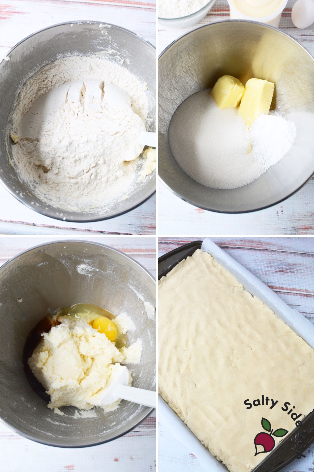 Mixing ingredients and pressing dough into a baking sheet to make homemade sugar cookie bars