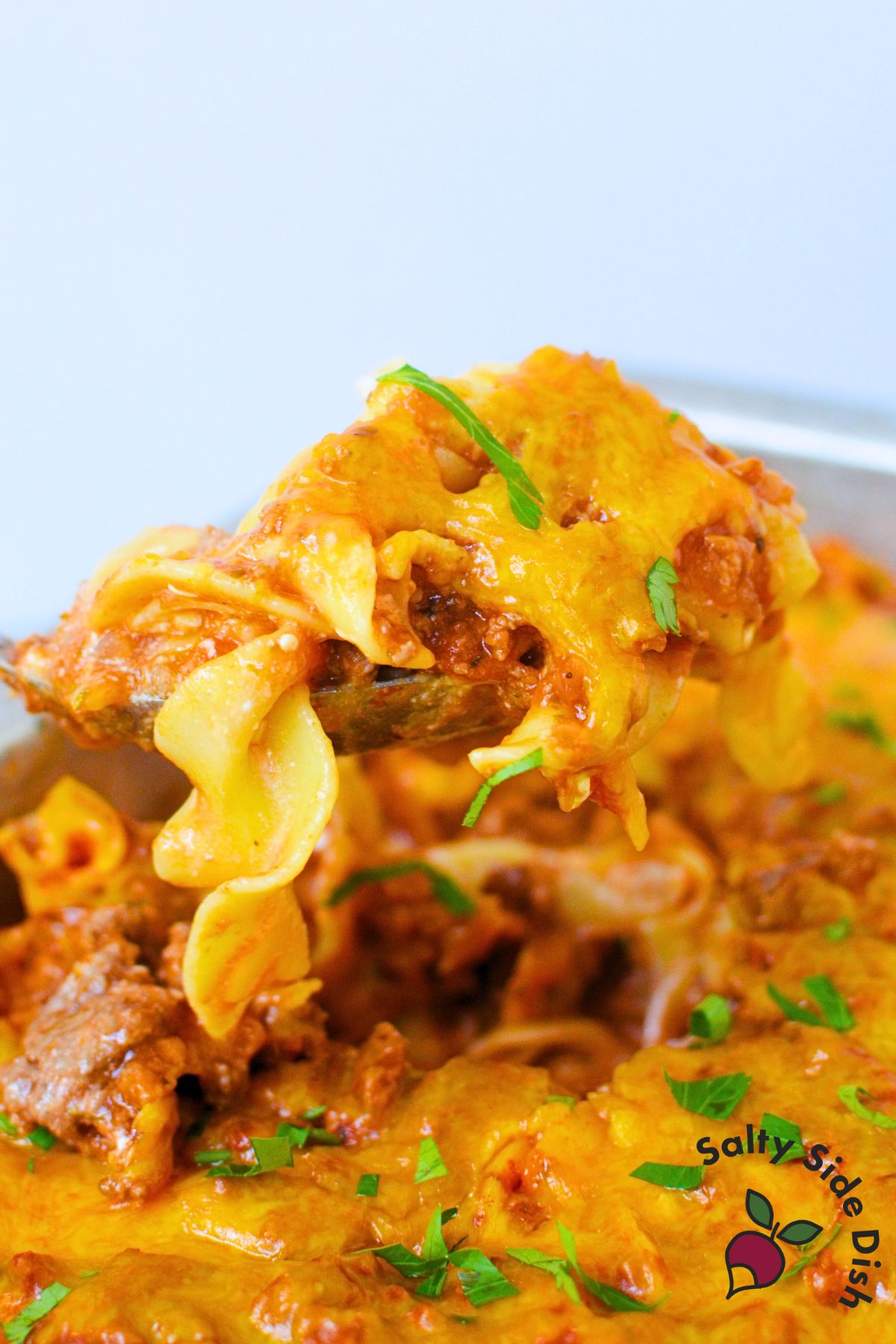 ingredients for tomato beef noodle casserole including ground beef, tomato sauce, egg noodles, sour cream, and cottage cheese