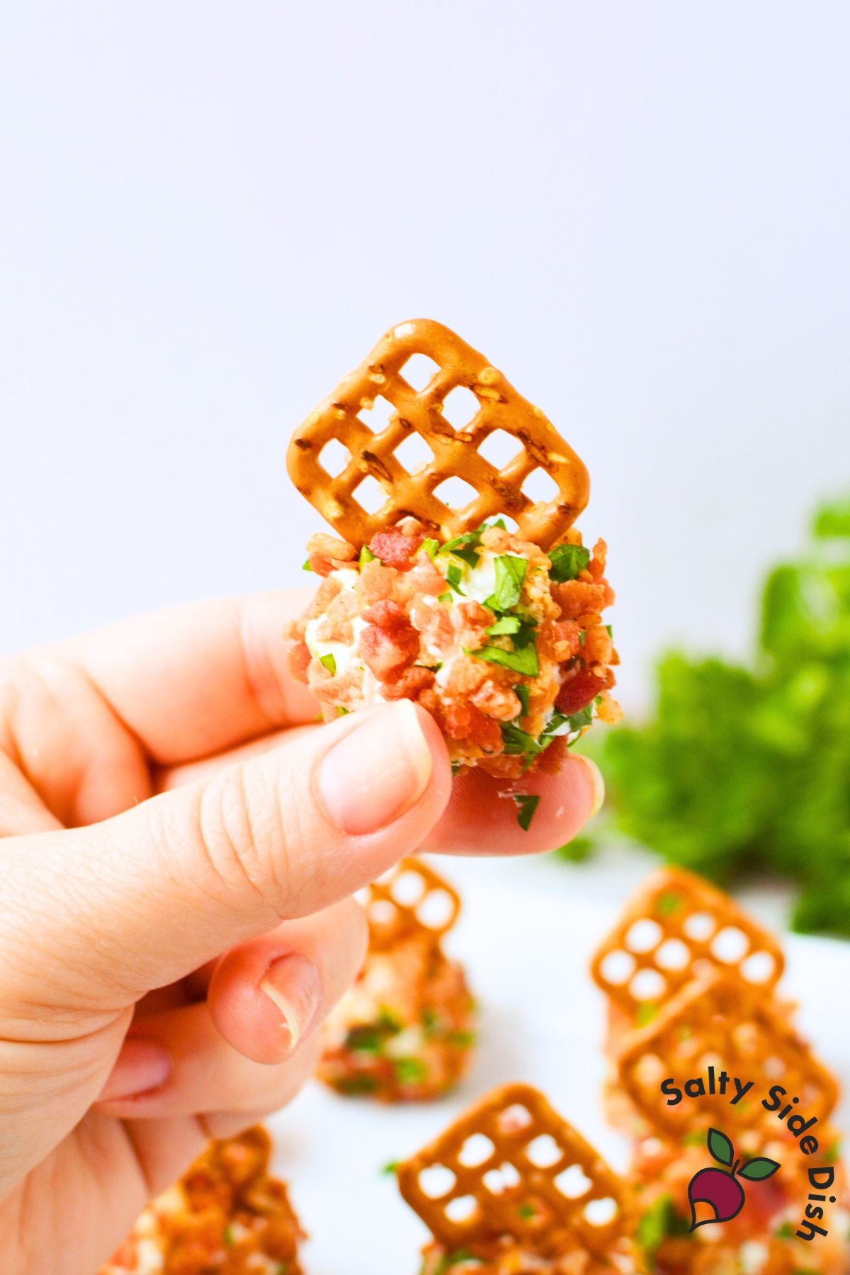 Close-up of mini cheeseball bites rolled in bacon and parsley, each with a pretzel stick, served as an easy make-ahead party appetizer.