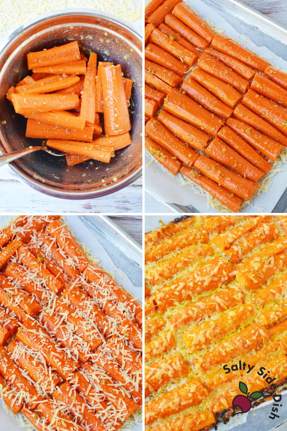 Sheet pan garlic parmesan carrots baked on a cheese layer for a crispy, savory finish — perfect for family dinners or holidays.