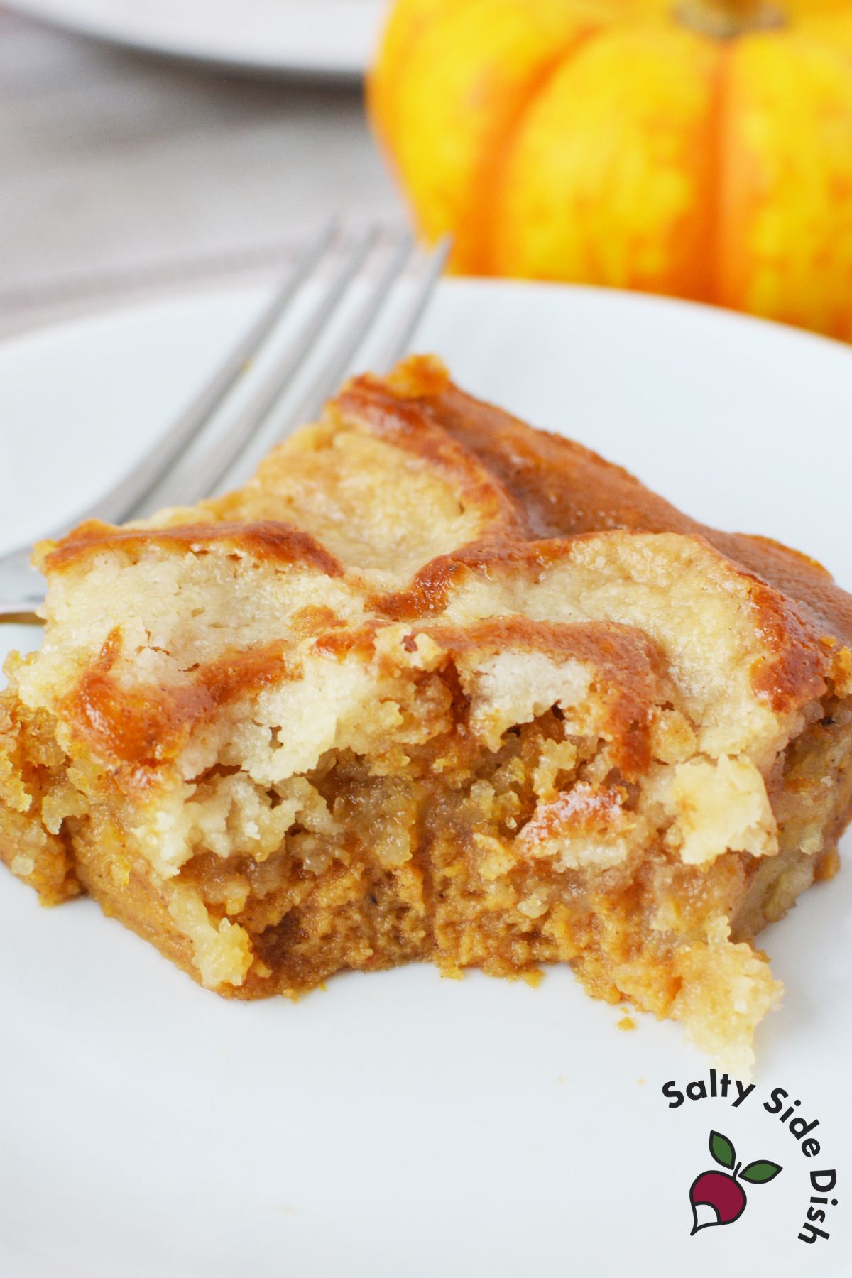 Overhead photo of easy fall dessert made with canned pumpkin and yellow cake mix in baking dish