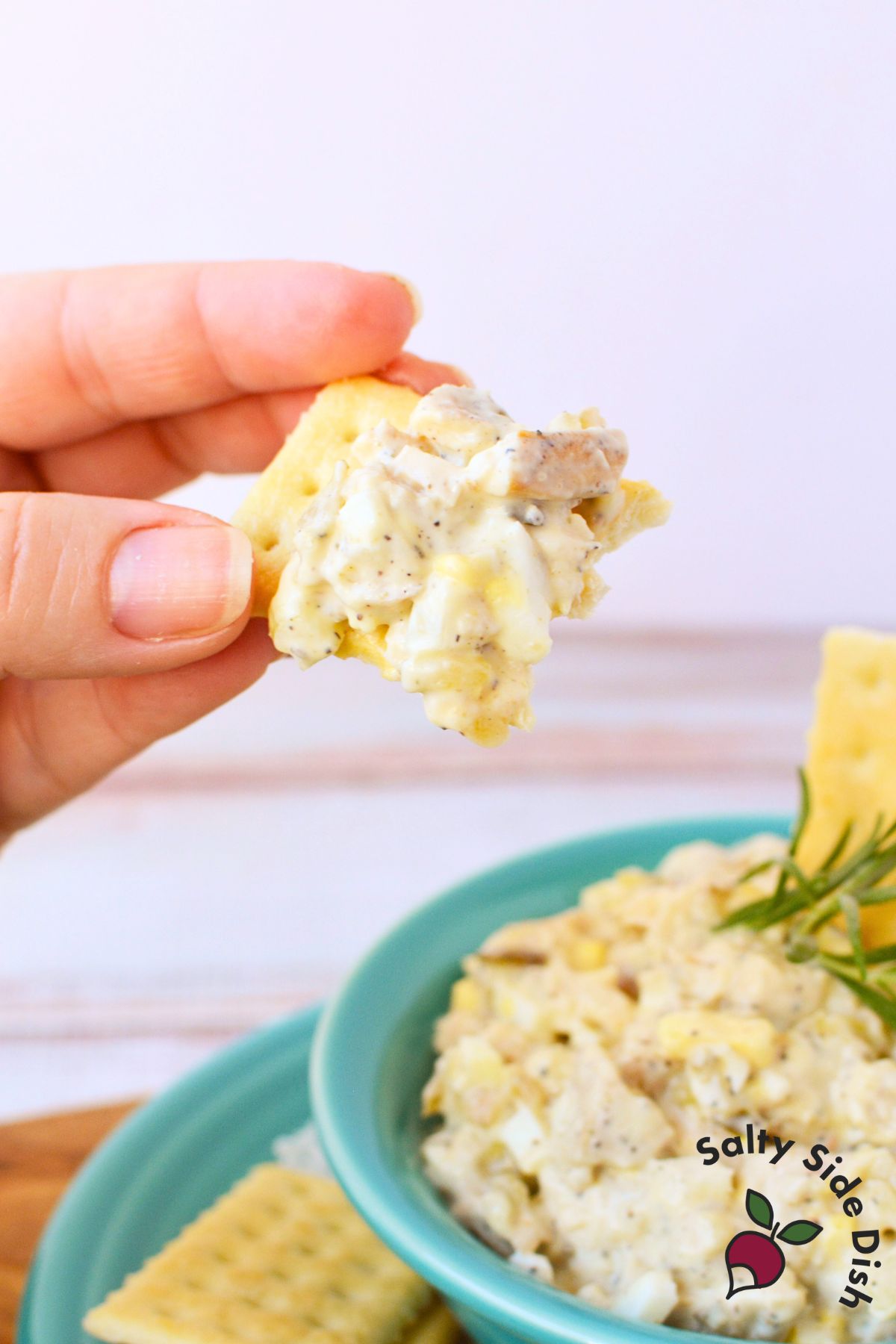 Bite-sized serving of creamy chicken salad on a cracker, perfect for tailgating or potluck gatherings.