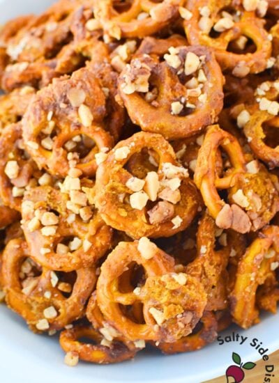 butter toffee pretzels coated in crunchy toffee bits, easy sweet salty snack recipe