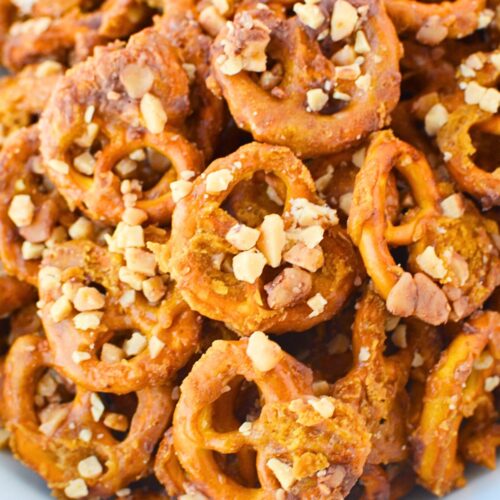 butter toffee pretzels coated in crunchy toffee bits, easy sweet salty snack recipe