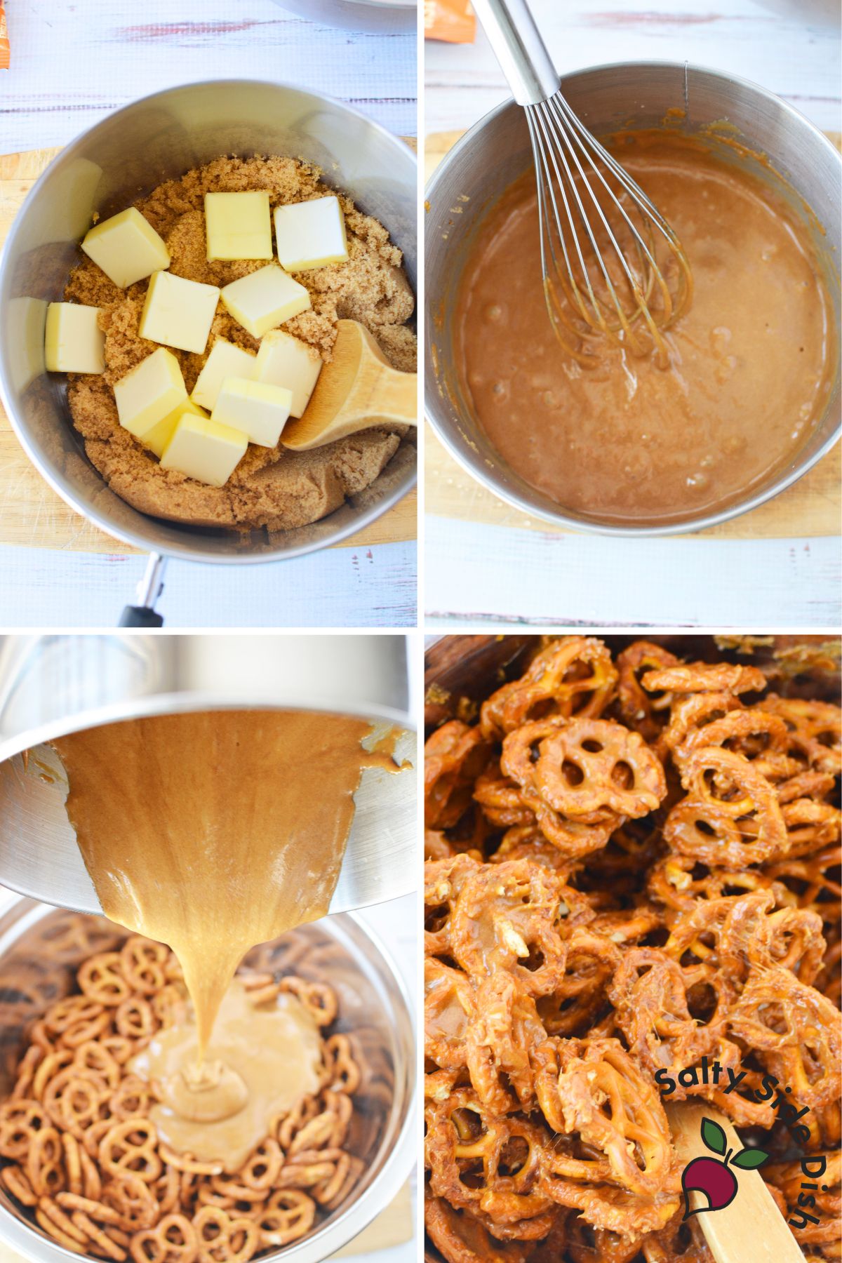 step by step instructions for making butter toffee pretzels with melted caramel coating