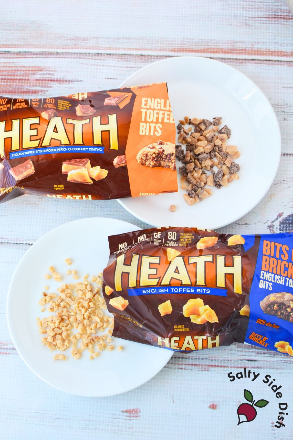 comparison of Heath toffee bits and Bits o Brickle for making butter toffee pretzels