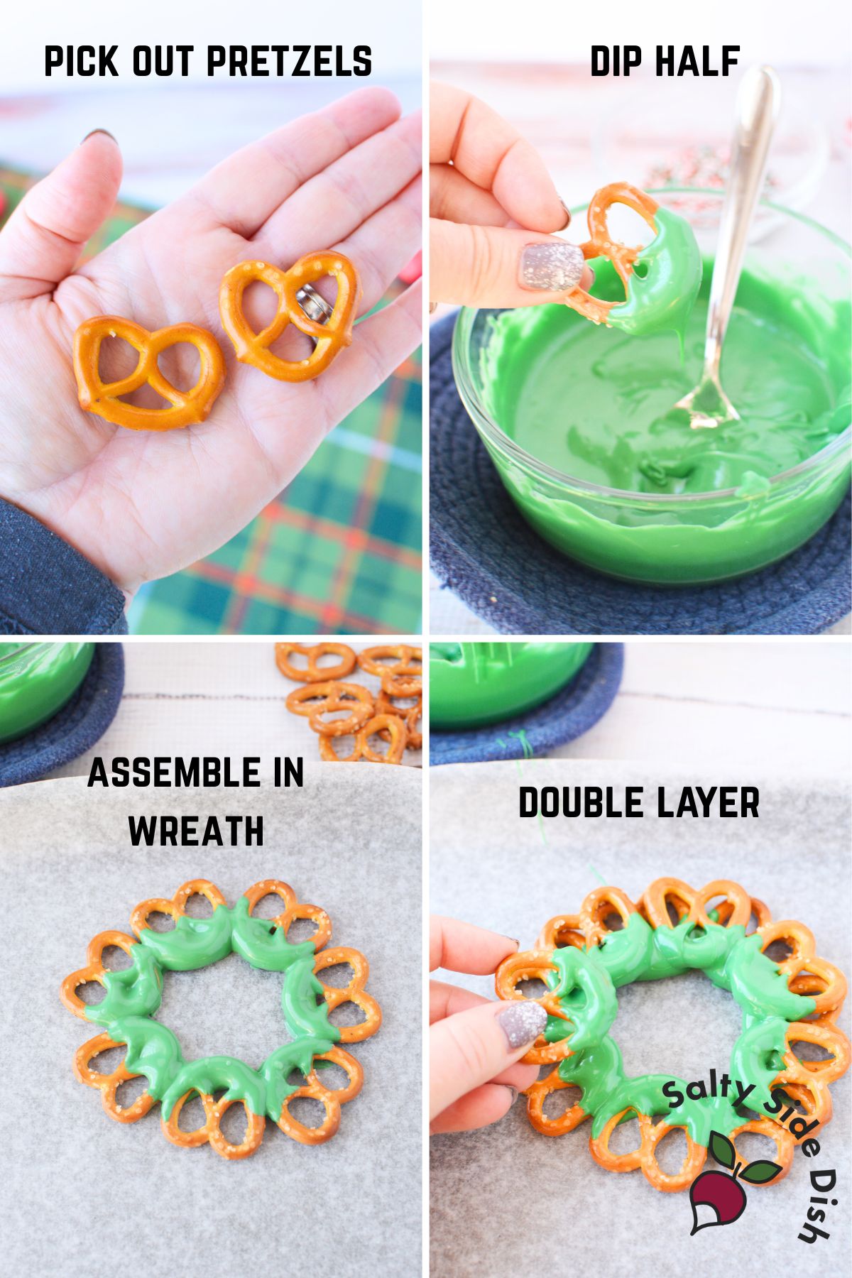 Assembling pretzels into a circle on parchment paper for a chocolate pretzel wreath