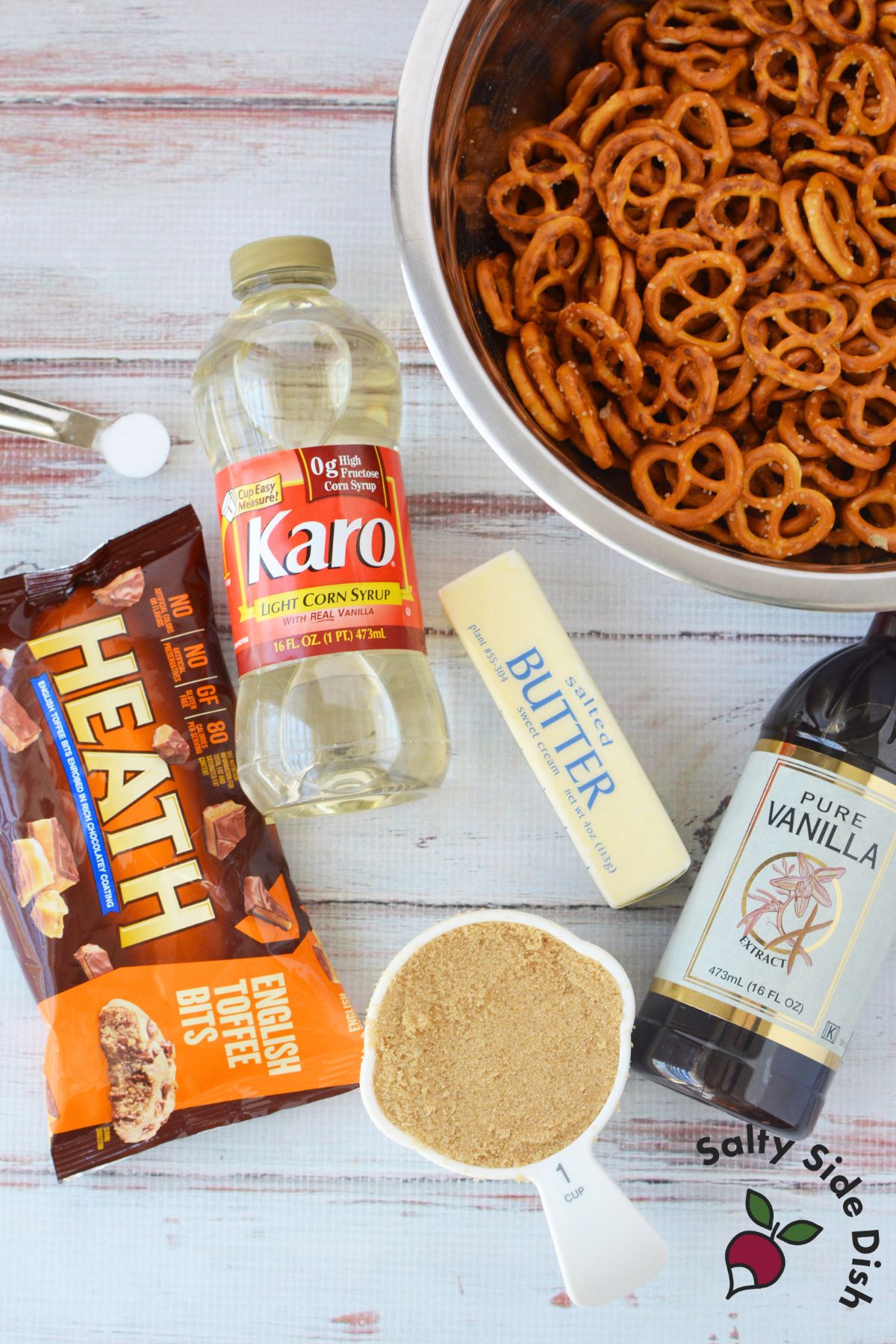 process collage showing how to make homemade butter toffee pretzels step by step