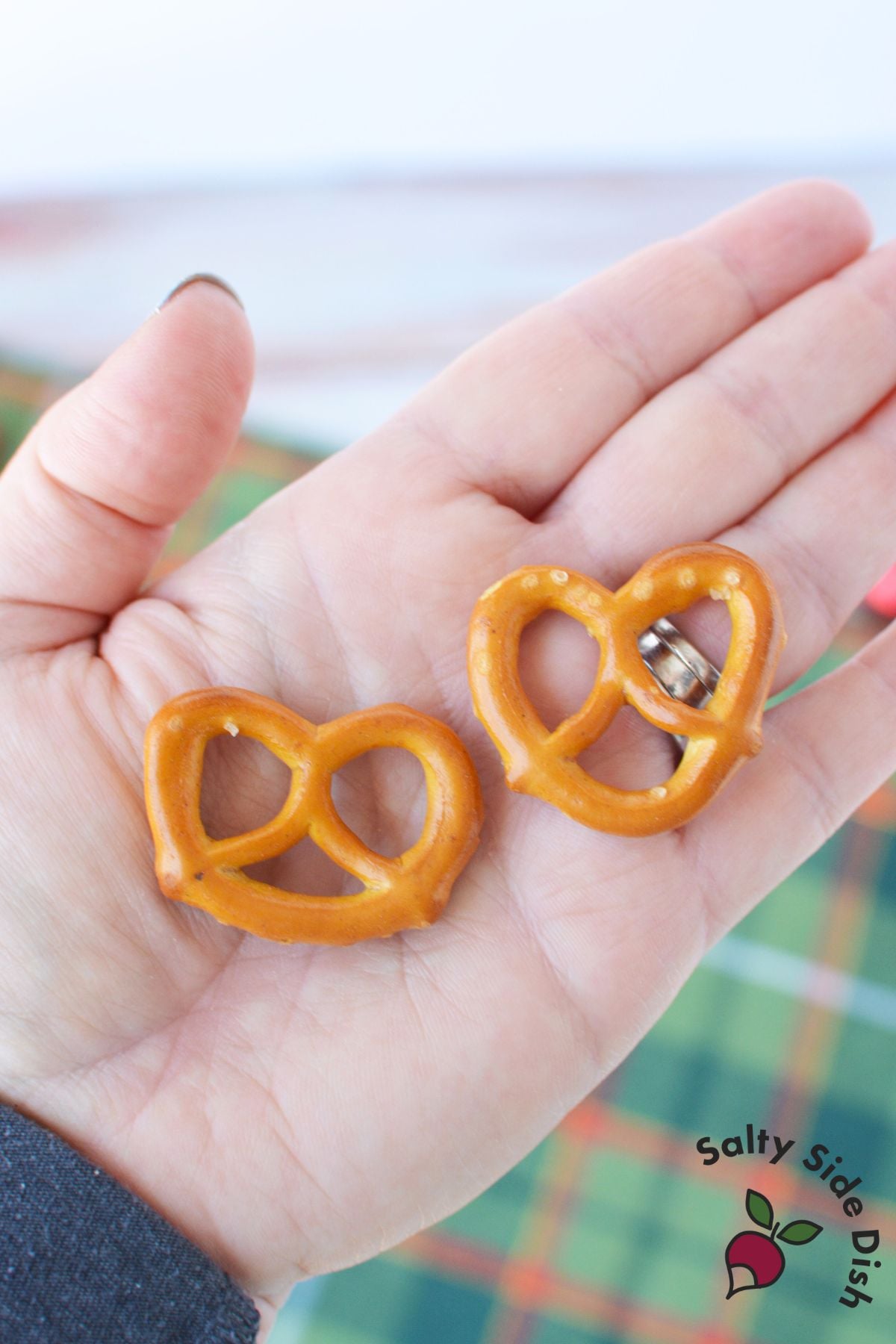 Two different shaped pretzels used for making chocolate pretzel wreaths