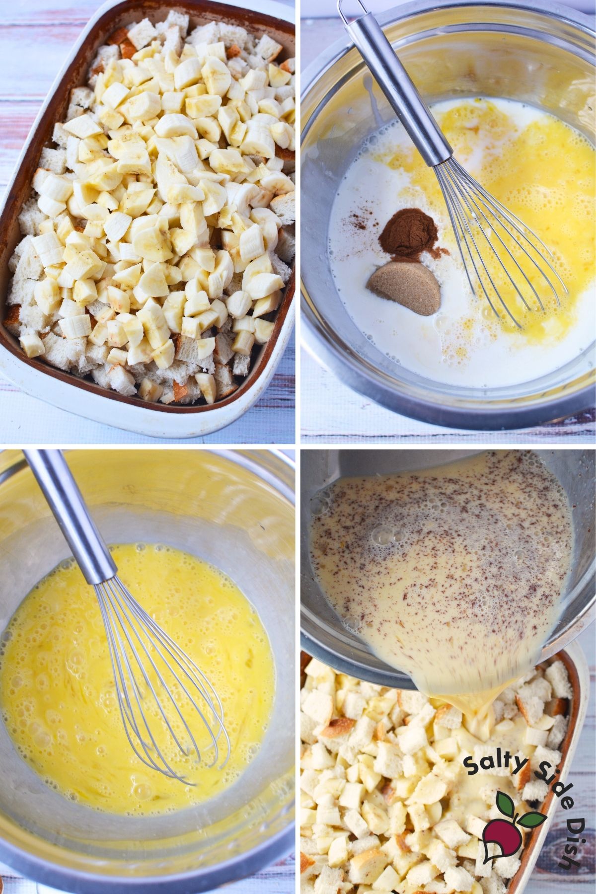 Steps for making banana French toast bake from layering bread and bananas to pouring egg custard