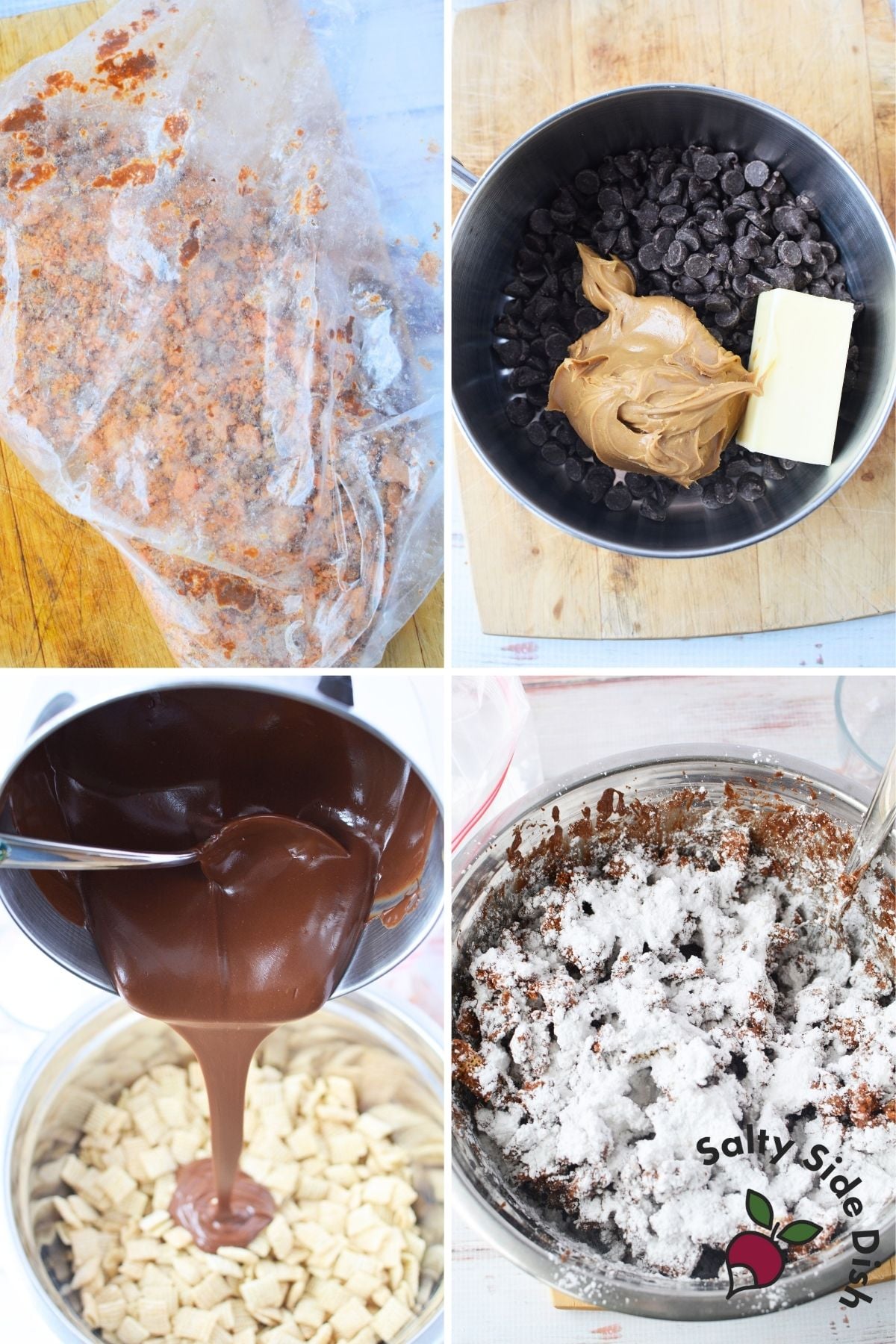 Step by step process showing puppy chow mixed with crushed candy bars and powdered sugar
