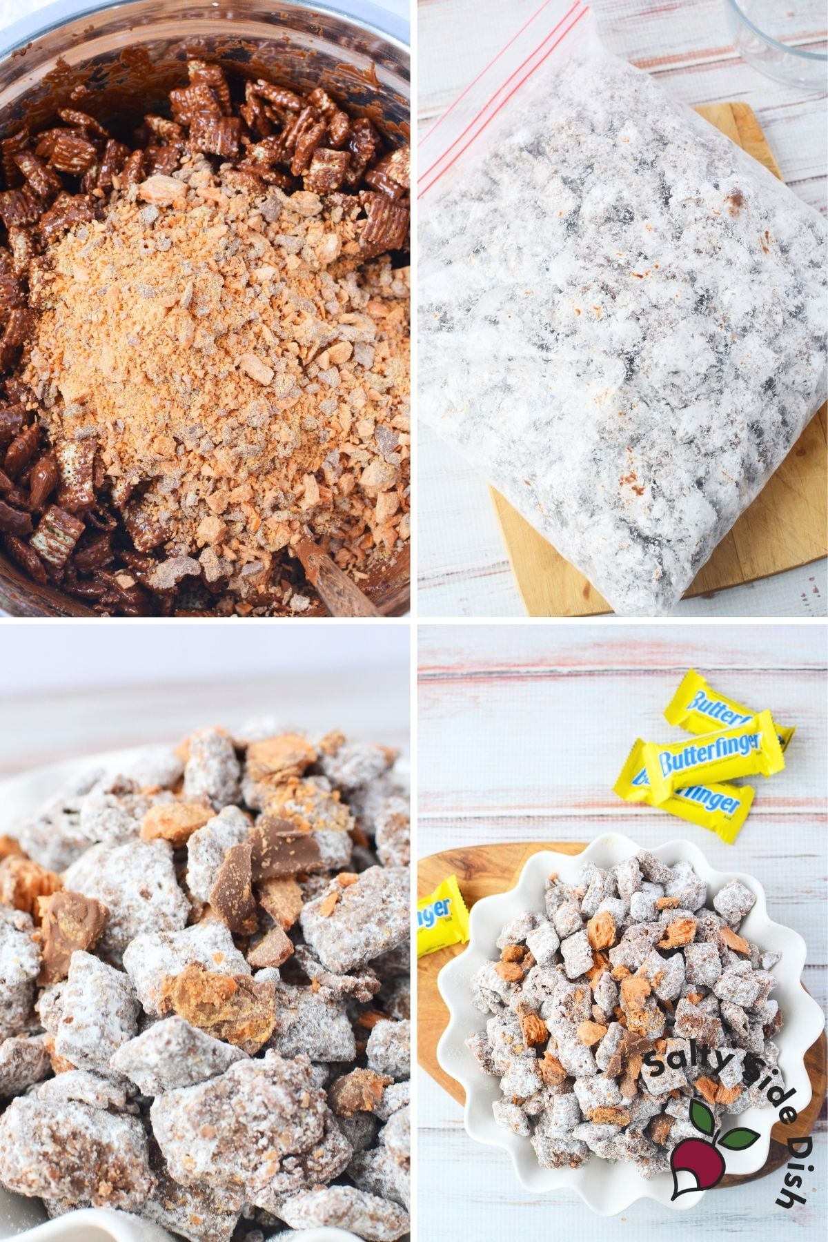 Puppy chow snack mix with Rice Chex cereal and crushed Butterfinger candy