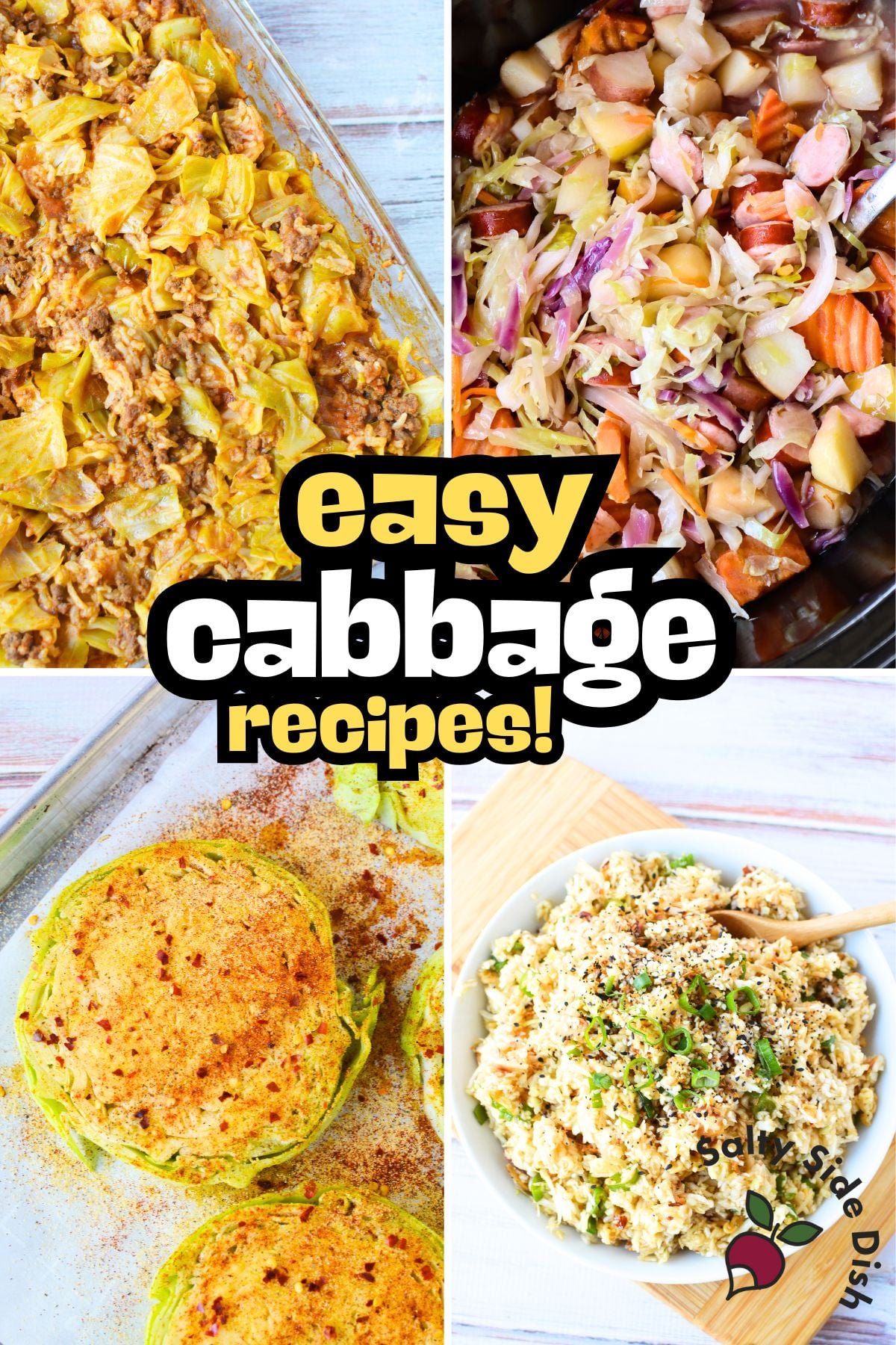 Assorted cabbage recipes including skillet meals, roasted cabbage, soups, and coleslaw