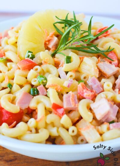 Close up of Hawaiian pasta salad with ham pineapple and elbow pasta tossed in creamy mayonnaise dressing