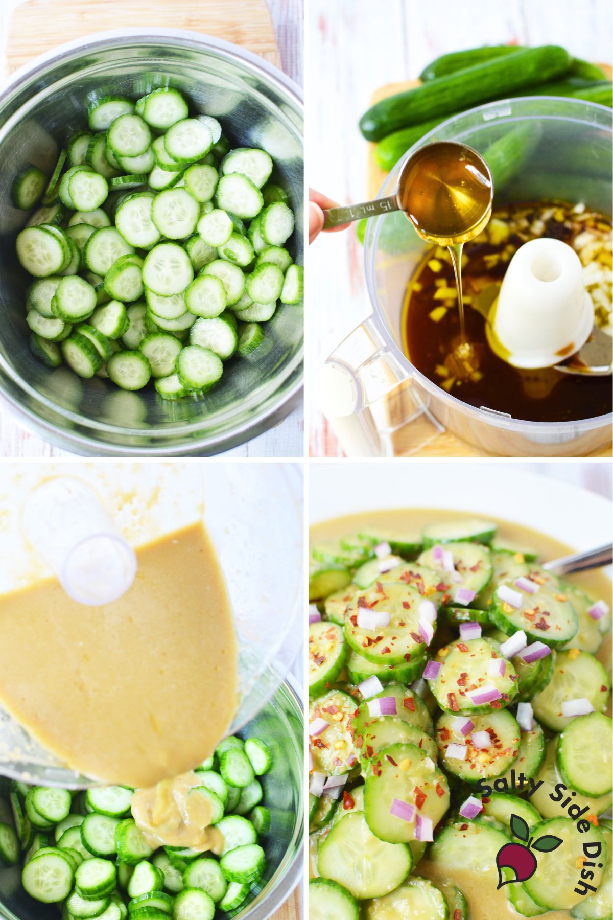 How to make balsamic cucumber salad showing sliced cucumbers, blended balsamic dressing, and the finished salad
