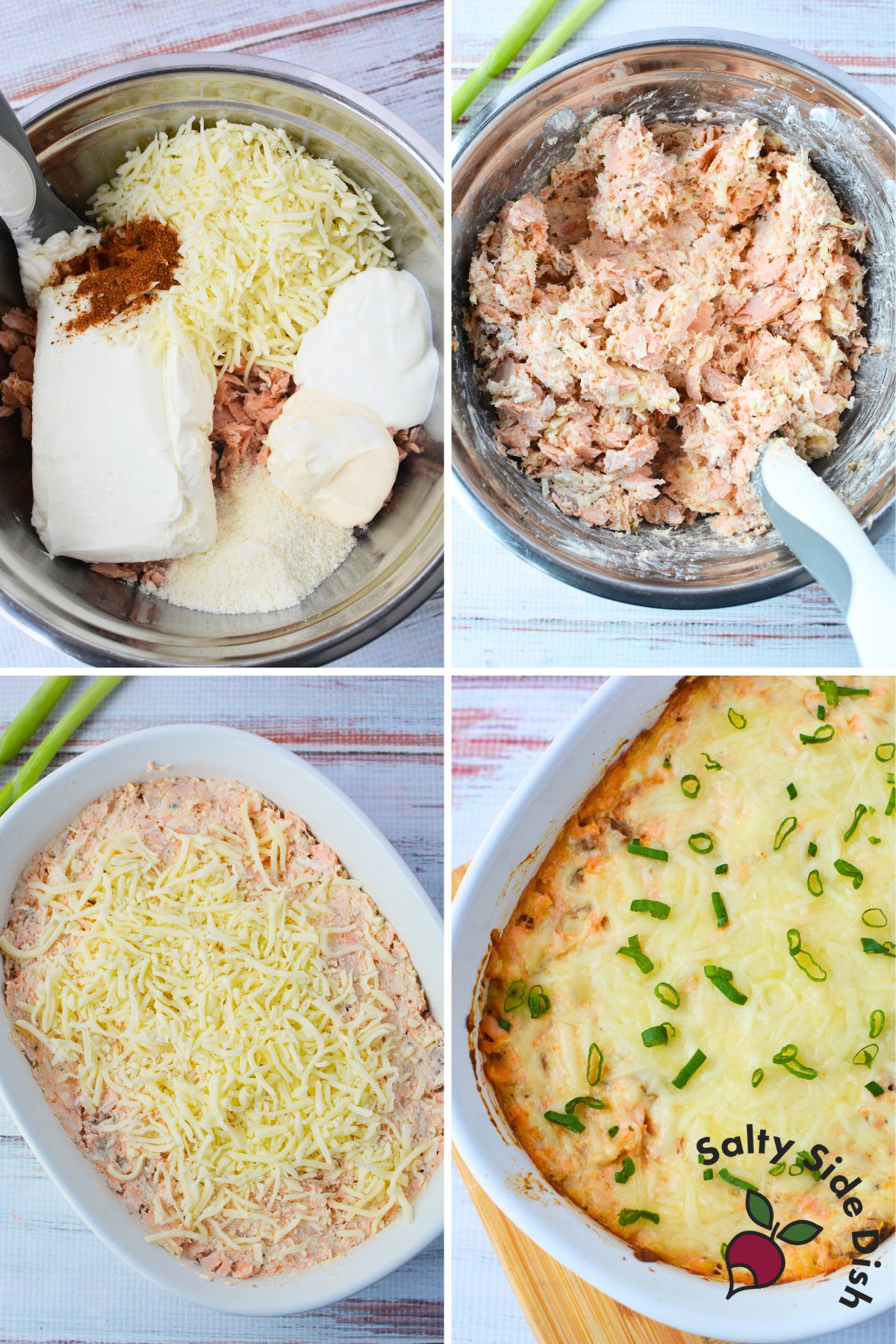 Baked salmon dip made with cream cheese, mozzarella, and Old Bay seasoning shown from mixing to finished casserole dish