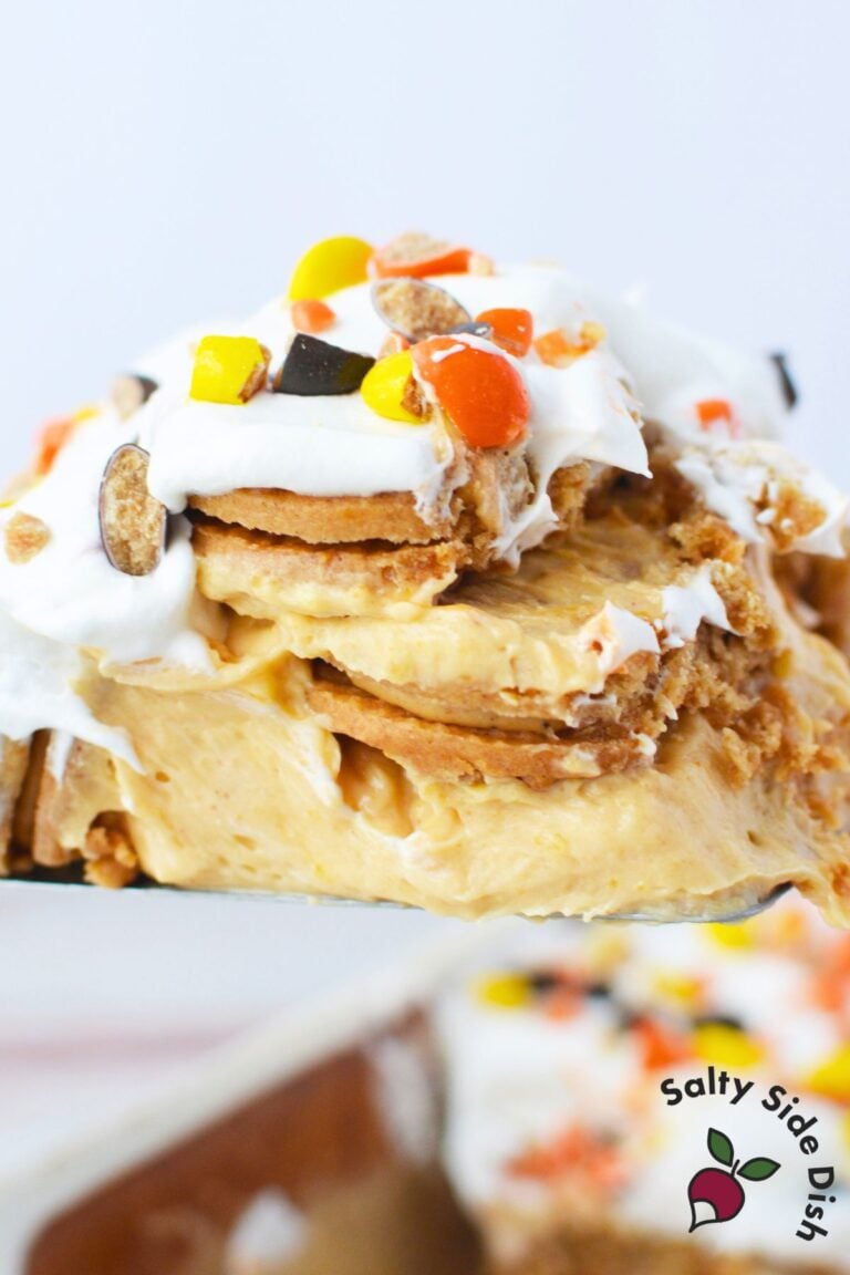 Slice of peanut butter icebox cake showing soft peanut butter cookie layers and creamy pudding filling
