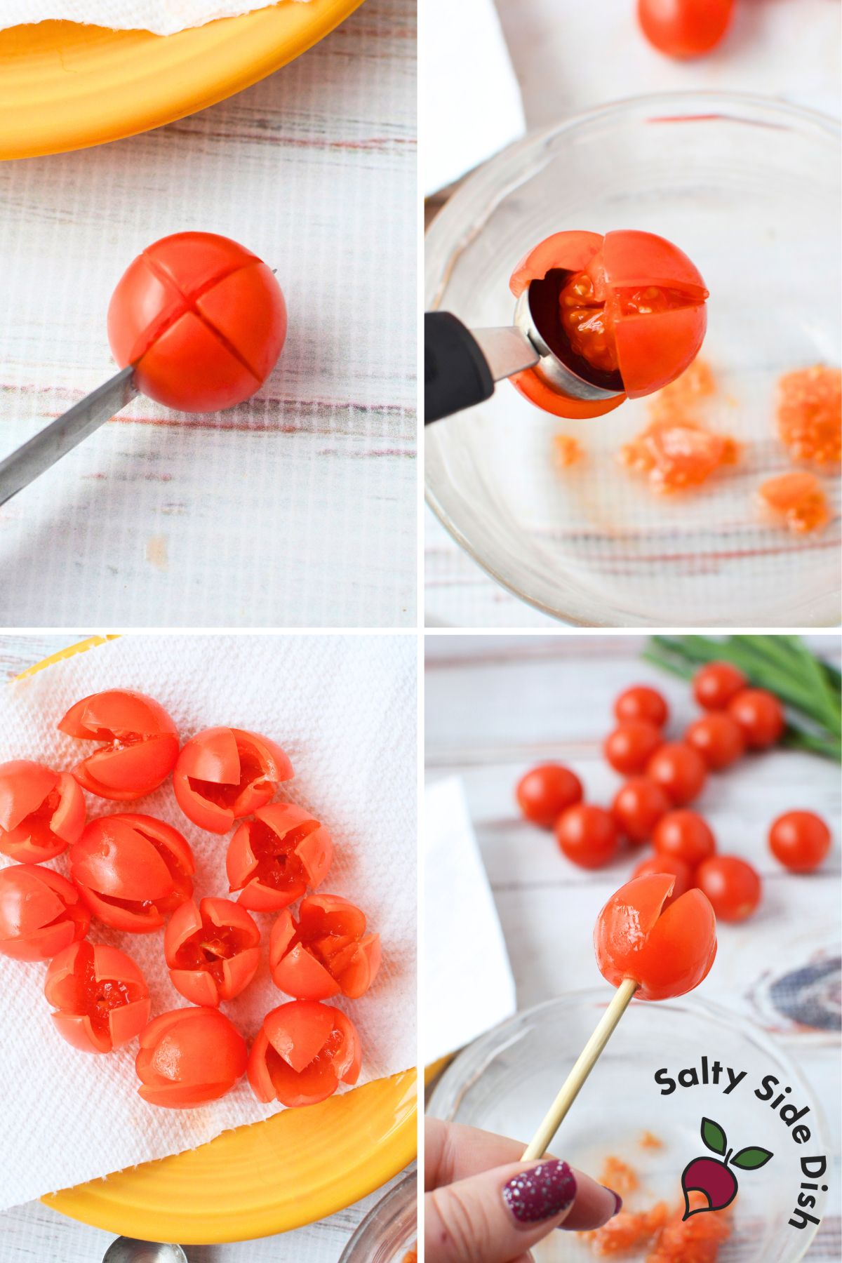 Step by step process showing how to cut hollow and prepare cherry tomatoes for tulip tomato appetizers