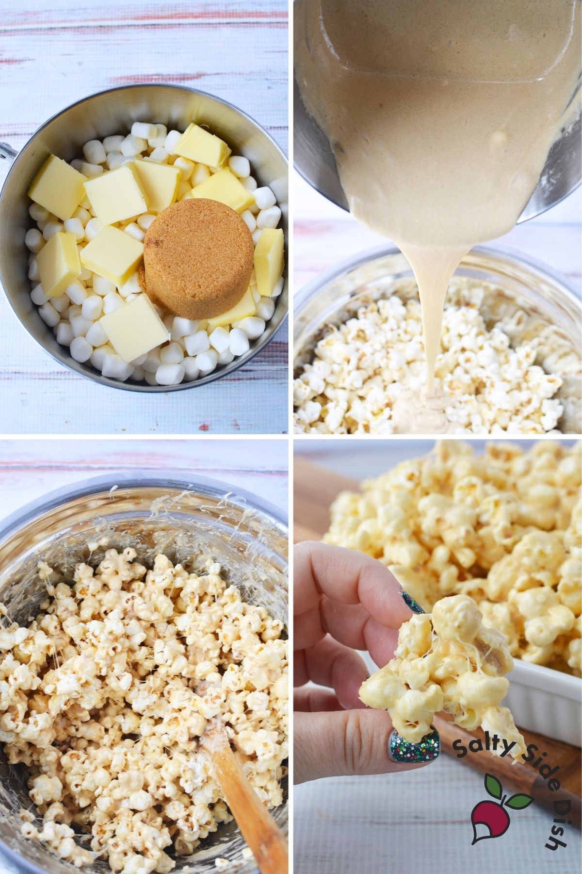 Marshmallows, butter, and brown sugar melting together for marshmallow popcorn