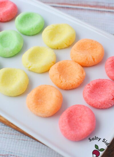 Jello candy melts lined up on a tray before serving