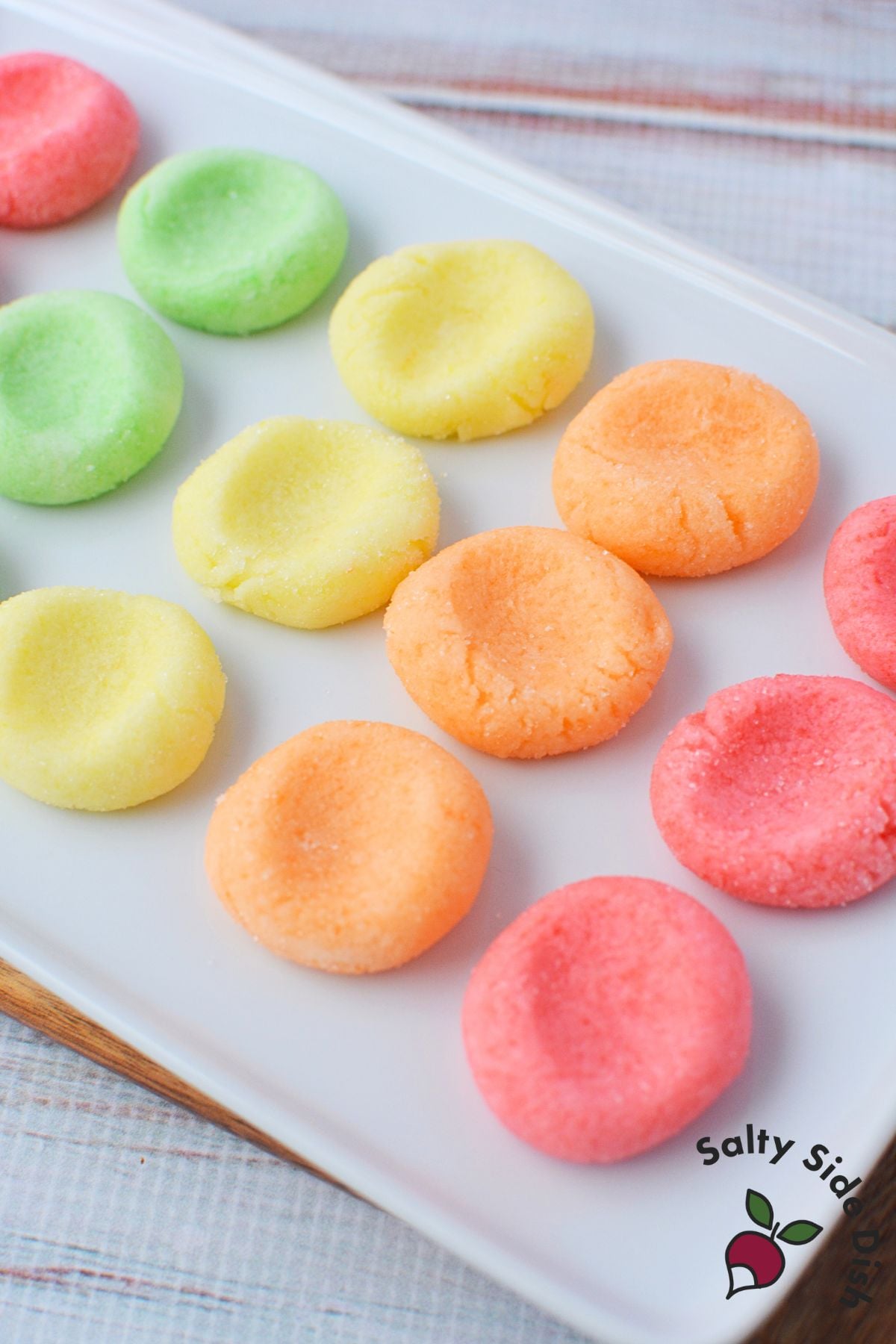 Jello candy melts lined up on a tray before serving