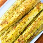 Zucchini spears roasted in butter and parmesan seasoning with lightly browned edges
