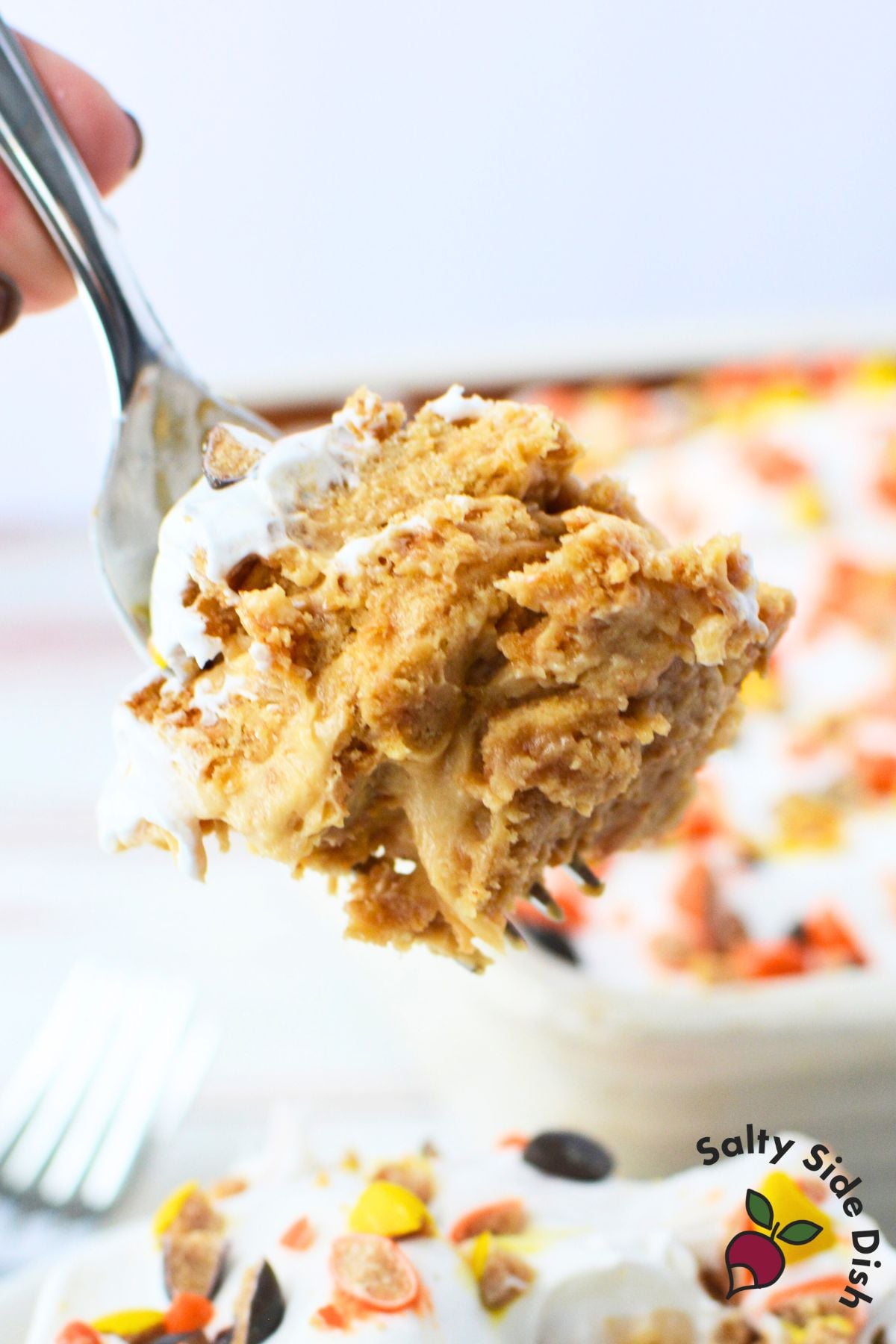 Close-up of peanut butter icebox cake slice with softened cookies, pudding layers, and whipped topping