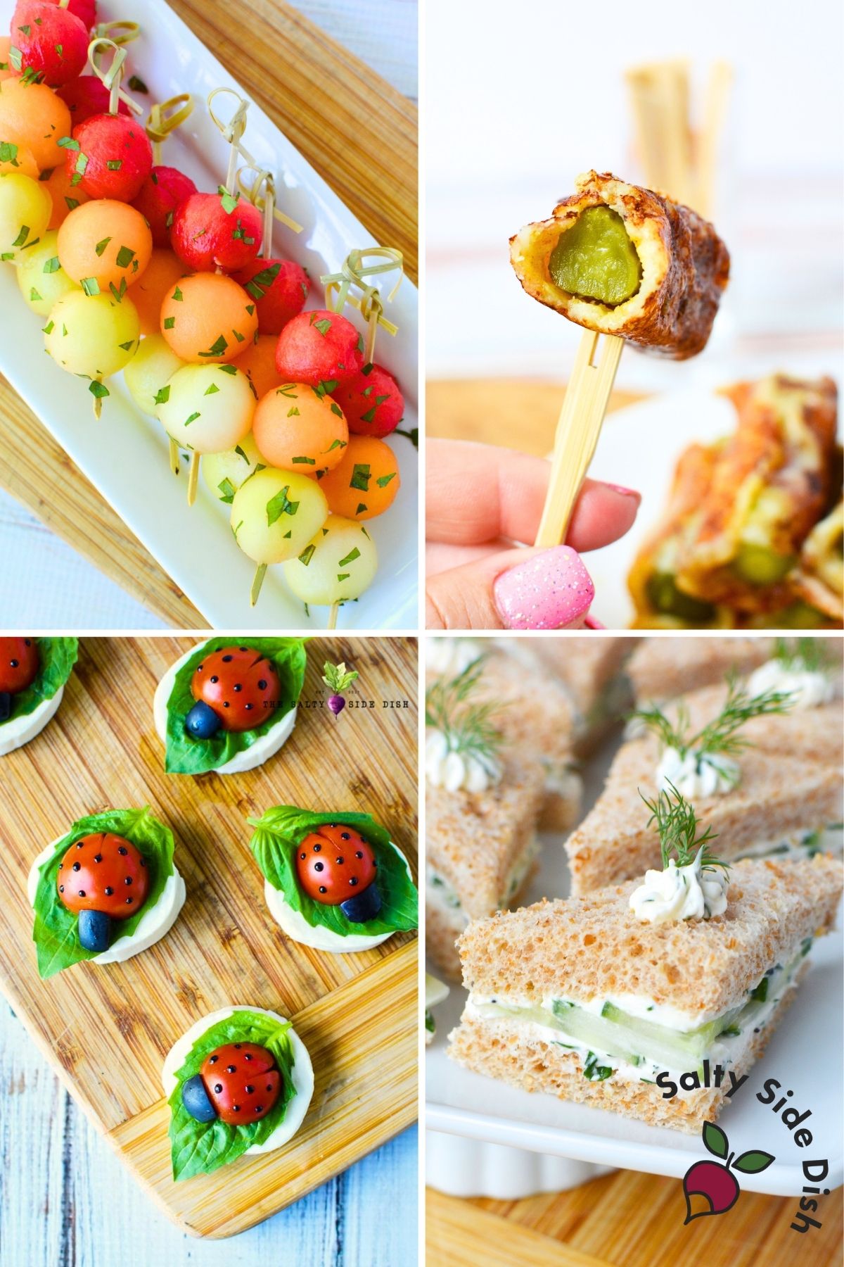 No-cook party finger foods with fruit skewers, cucumber sandwiches, caprese appetizers, and fresh bite-sized snacks