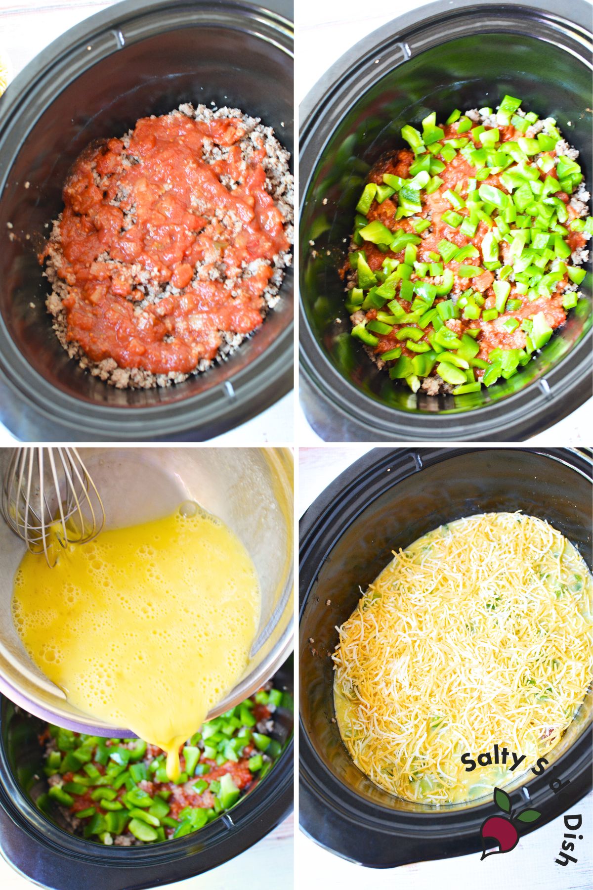 Step-by-step process showing how to make slow cooker eggs with sausage and salsa for breakfast burritos