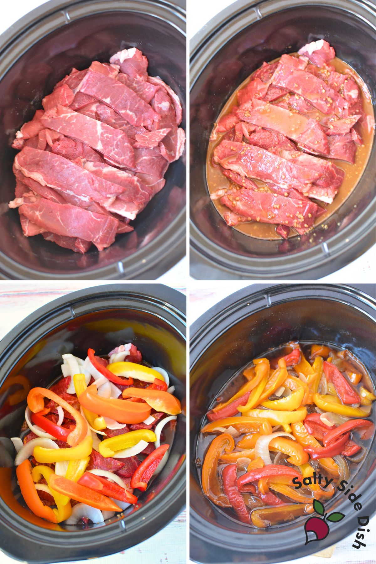 Step by step process showing how to make slow cooker steak and peppers with sirloin steak, bell peppers, onions, and soy ginger sauce