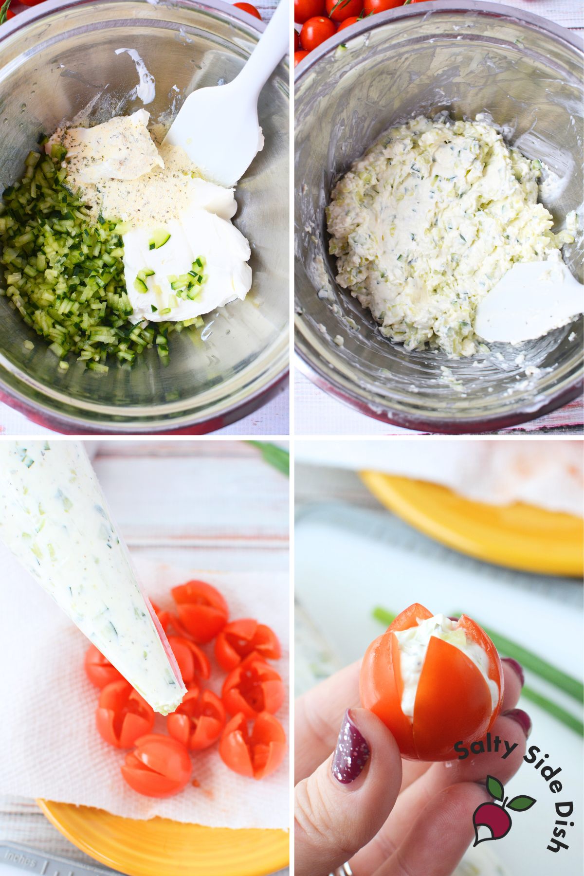 Cream cheese cucumber and ranch filling being mixed for stuffed tulip tomato appetizer