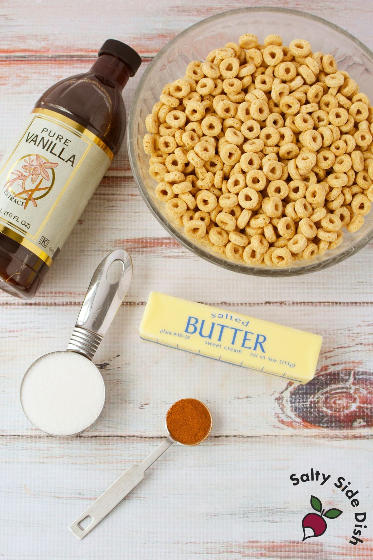 butter, vanilla extract, sugar, cinnamon, and plain Cheerios cereal for making pan fried cinnamon sugar Cheerios