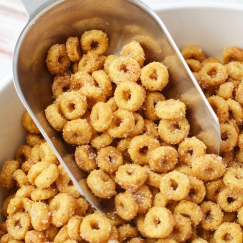 close up of buttery cinnamon sugar Cheerios coated evenly after stovetop cooking