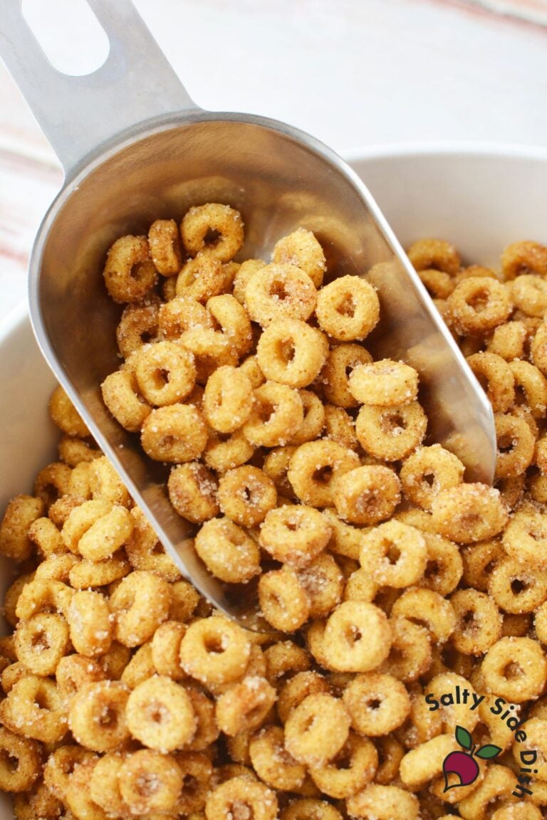 close up of buttery cinnamon sugar Cheerios coated evenly after stovetop cooking