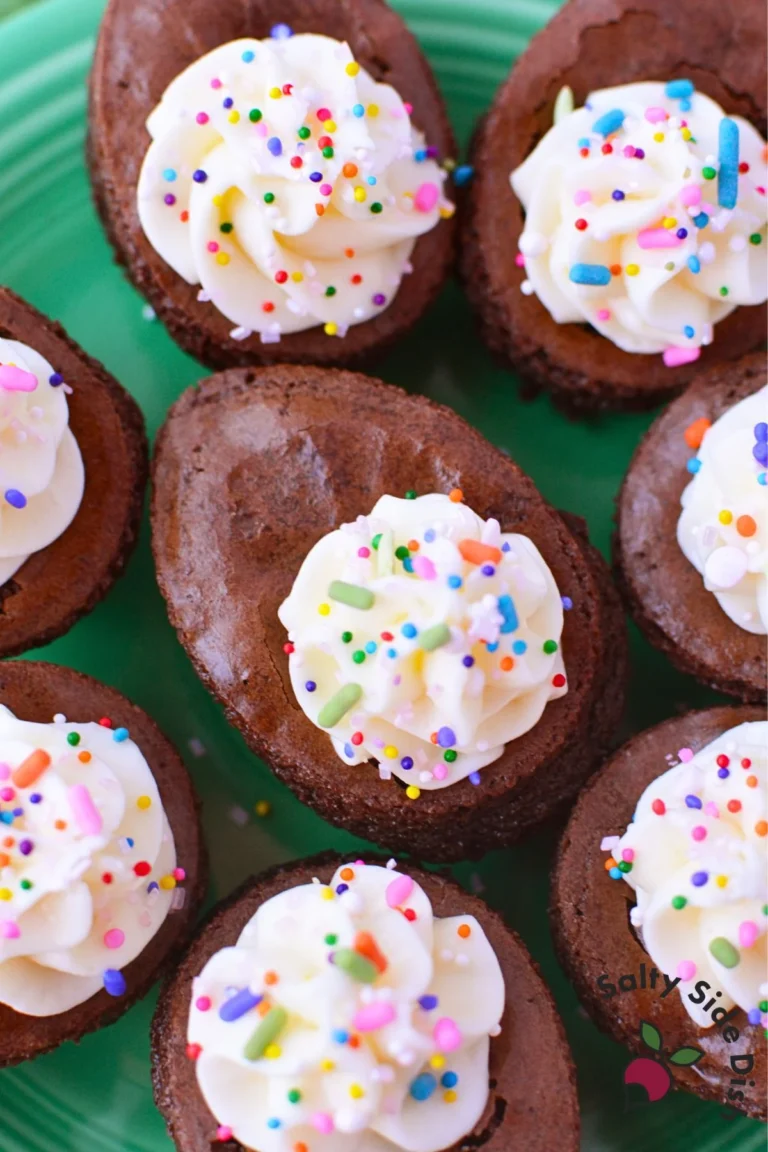 Deviled brownies topped with cream cheese filling and colorful sprinkles for Easter