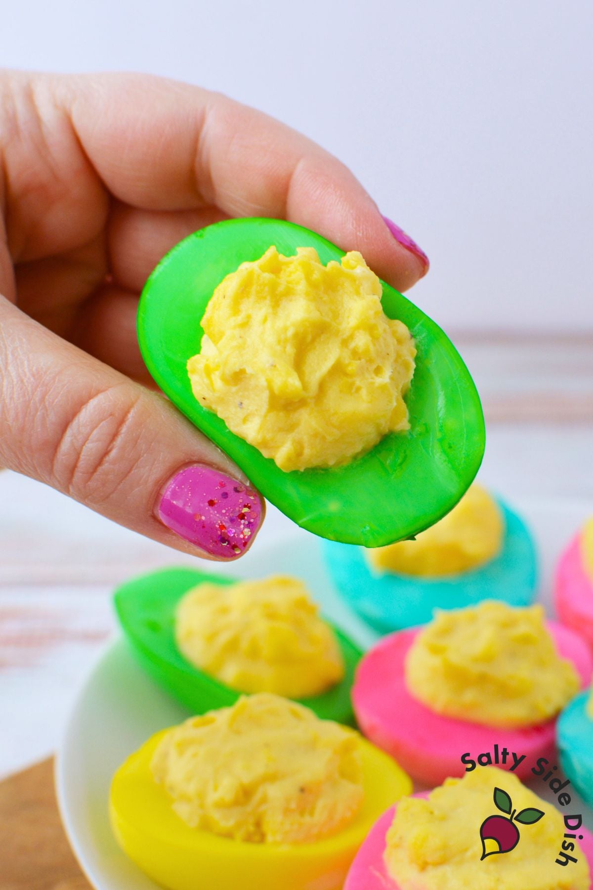 dyed easter eggs with deviled egg filling.